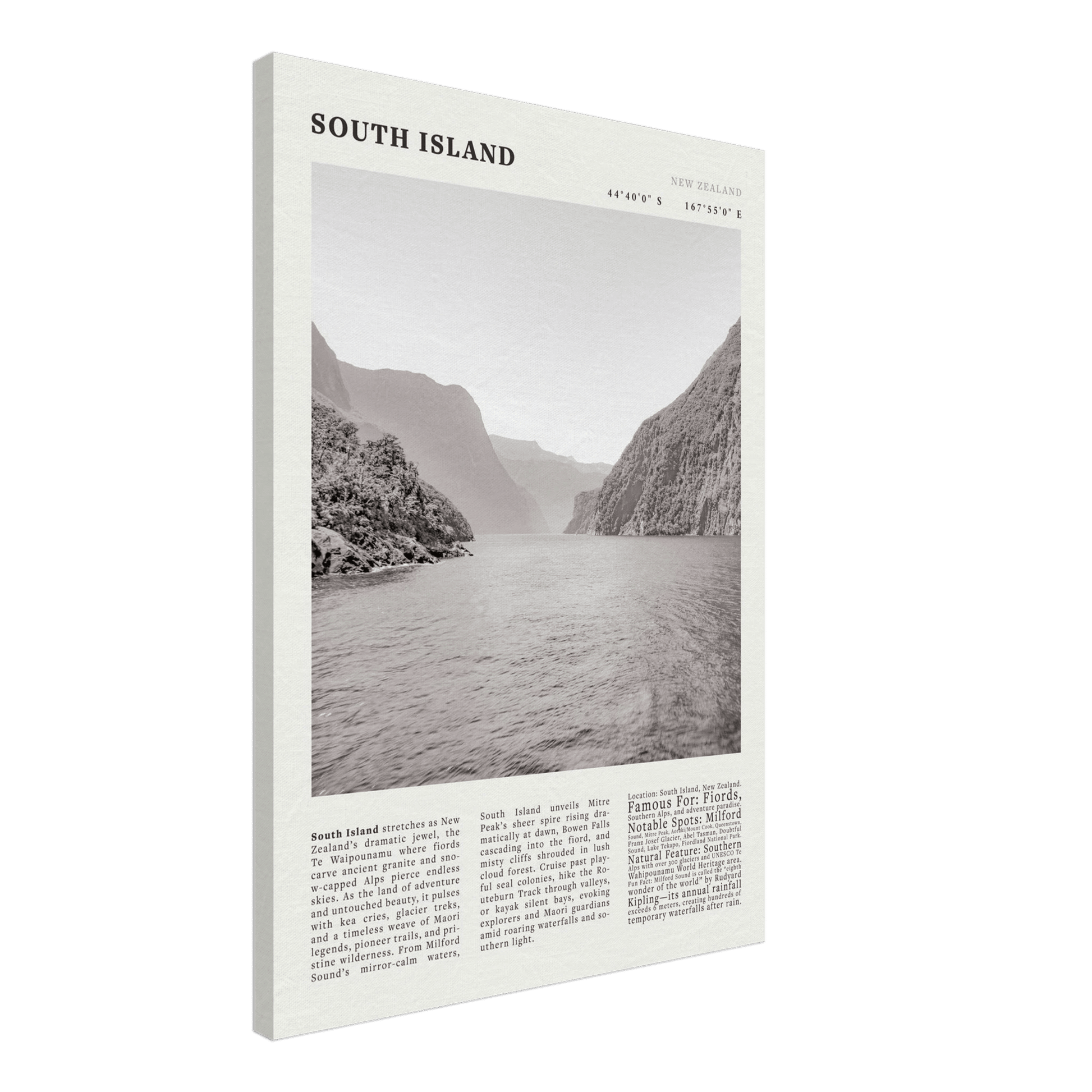 South Island New Zealand Poster Black and White – Vintage Milford Sound Fjord Print - Evergreen Posters
