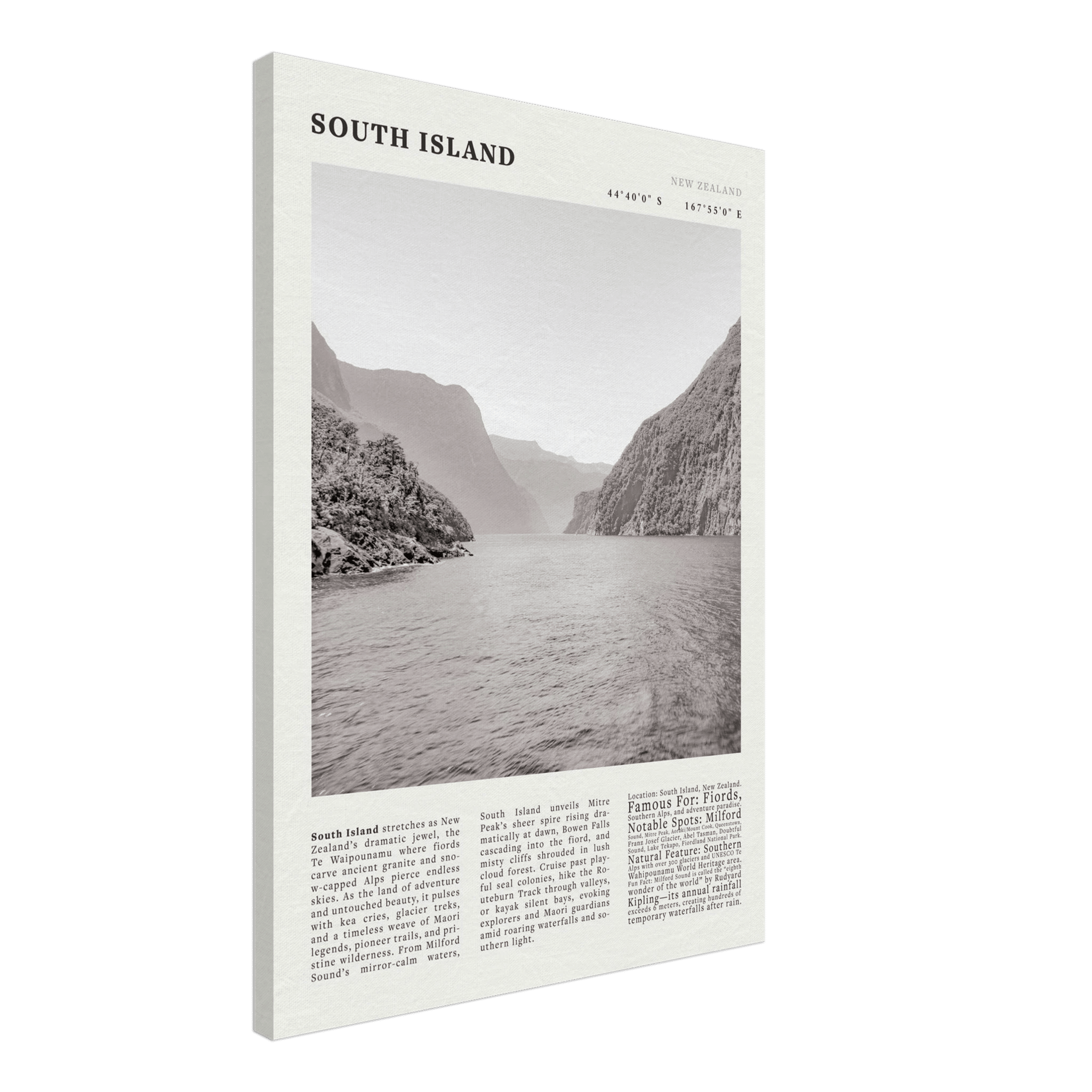 South Island New Zealand Poster Black and White – Vintage Milford Sound Fjord Print - Evergreen Posters