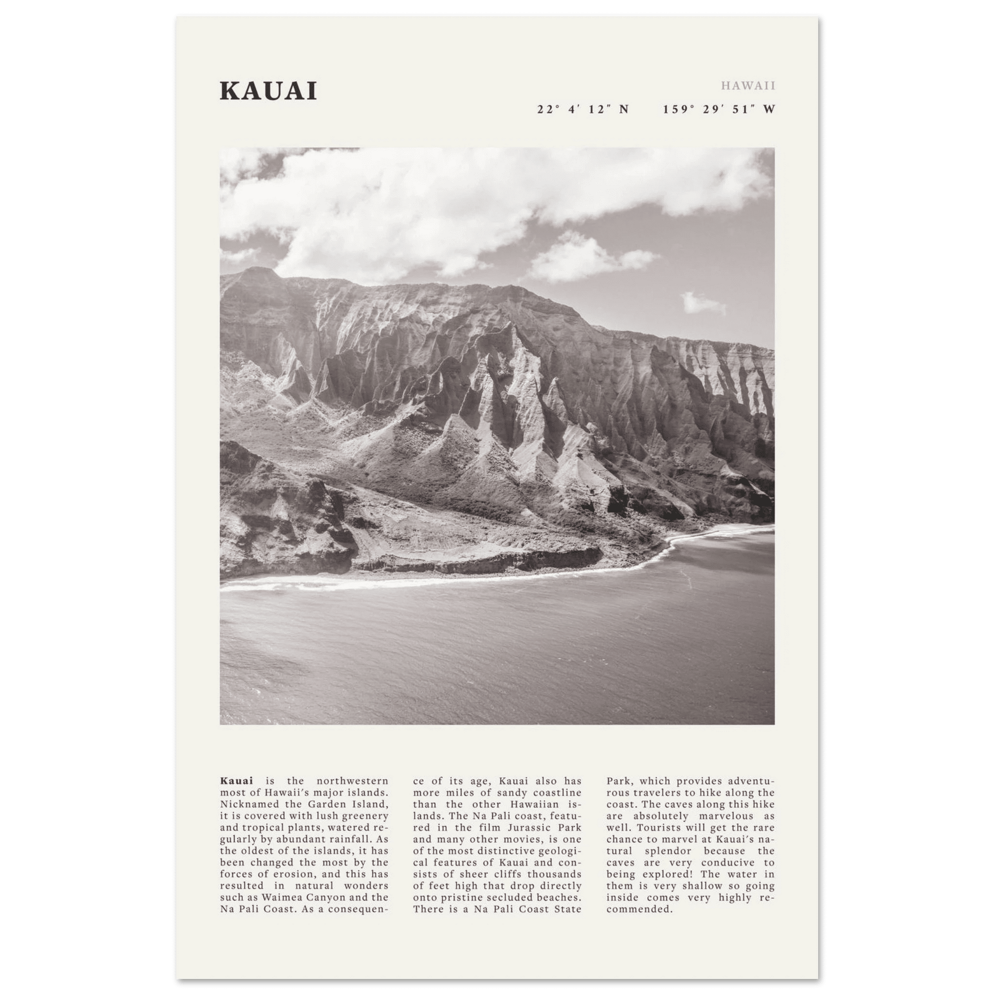 Kauai Poster | Black & White Na Pali Coast Wall Art | Hawaii Travel Print Decor - Evergreen Posters