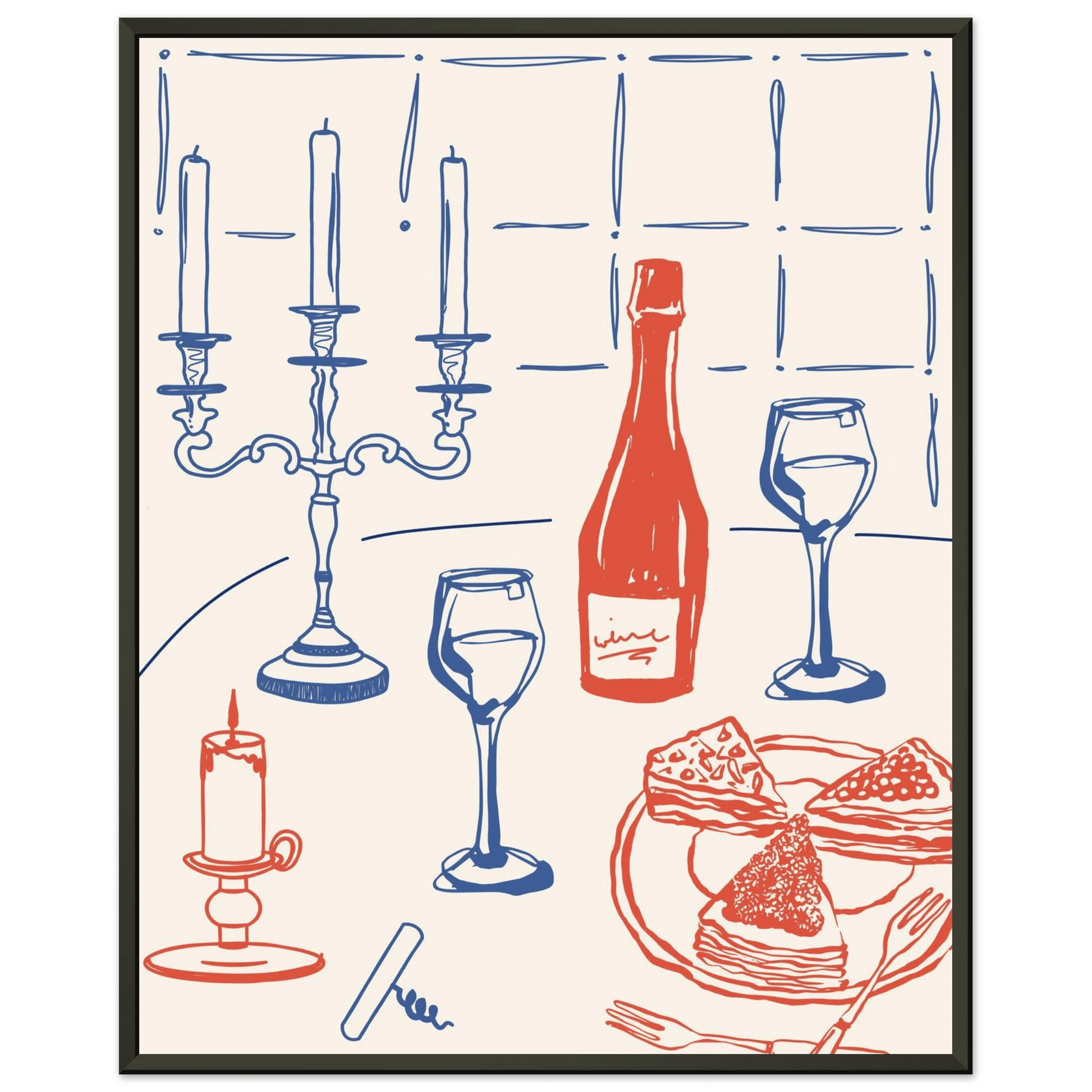Candlelight Dinner Print | Wine & Candelabra Line Art Wall Art | Kitchen Poster - Evergreen Posters