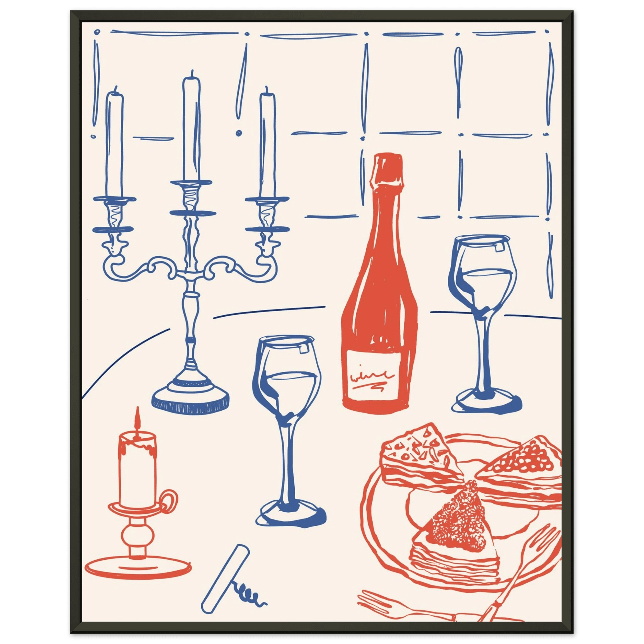 Candlelight Dinner Print | Wine & Candelabra Line Art Wall Art | Kitchen Poster - Evergreen Posters