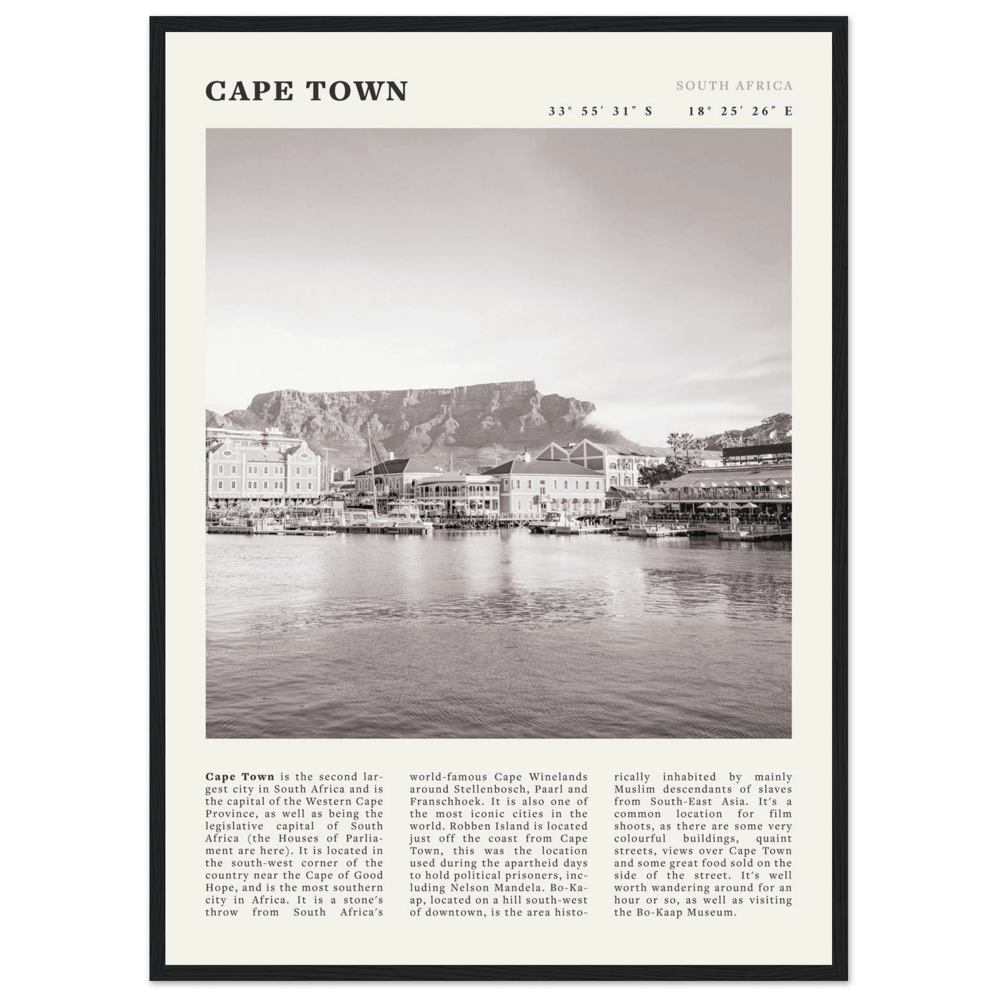 Cape Town Poster | Black & White Table Mountain Wall Art | South Africa Travel Print - Evergreen Posters