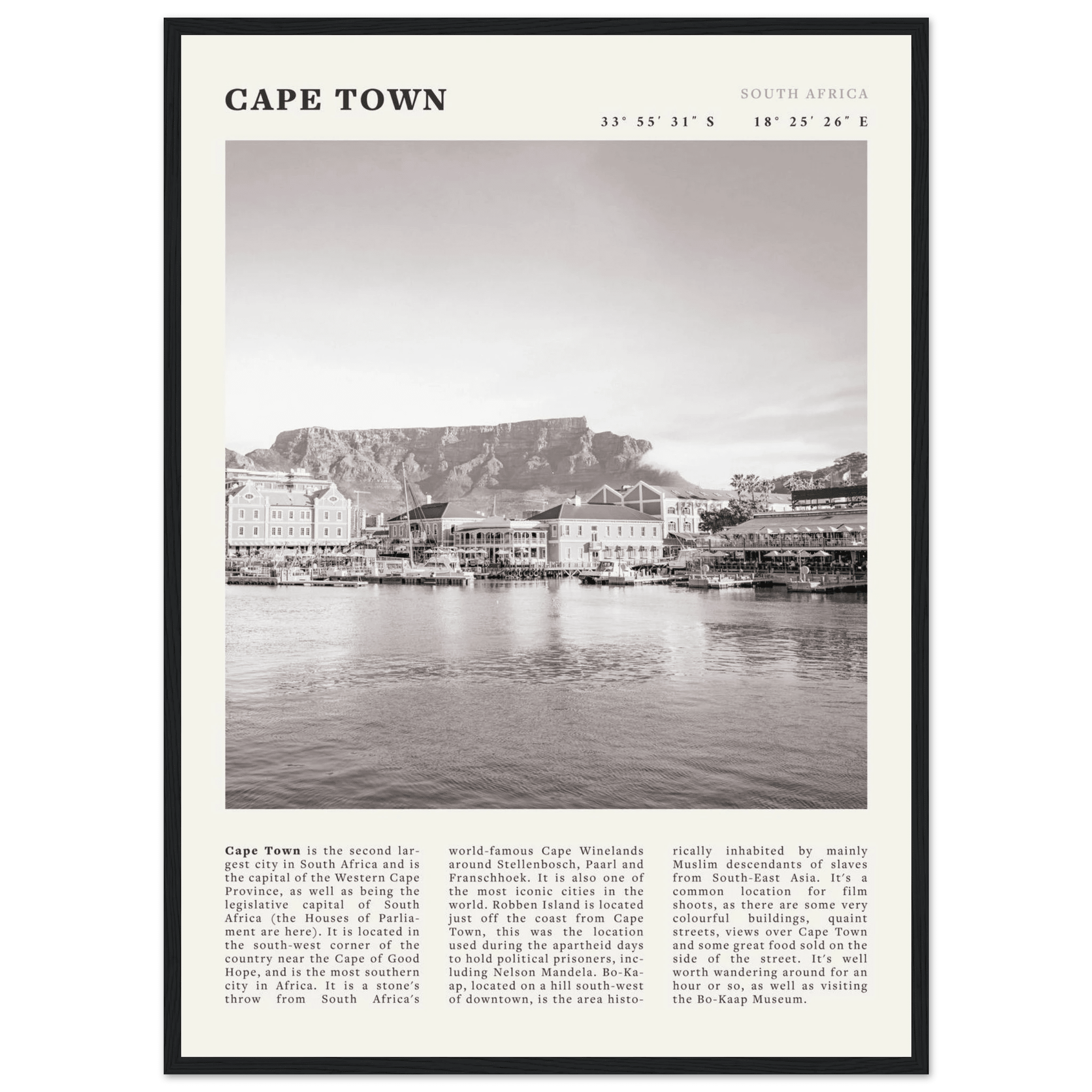 Cape Town Poster | Black & White Table Mountain Wall Art | South Africa Travel Print - Evergreen Posters