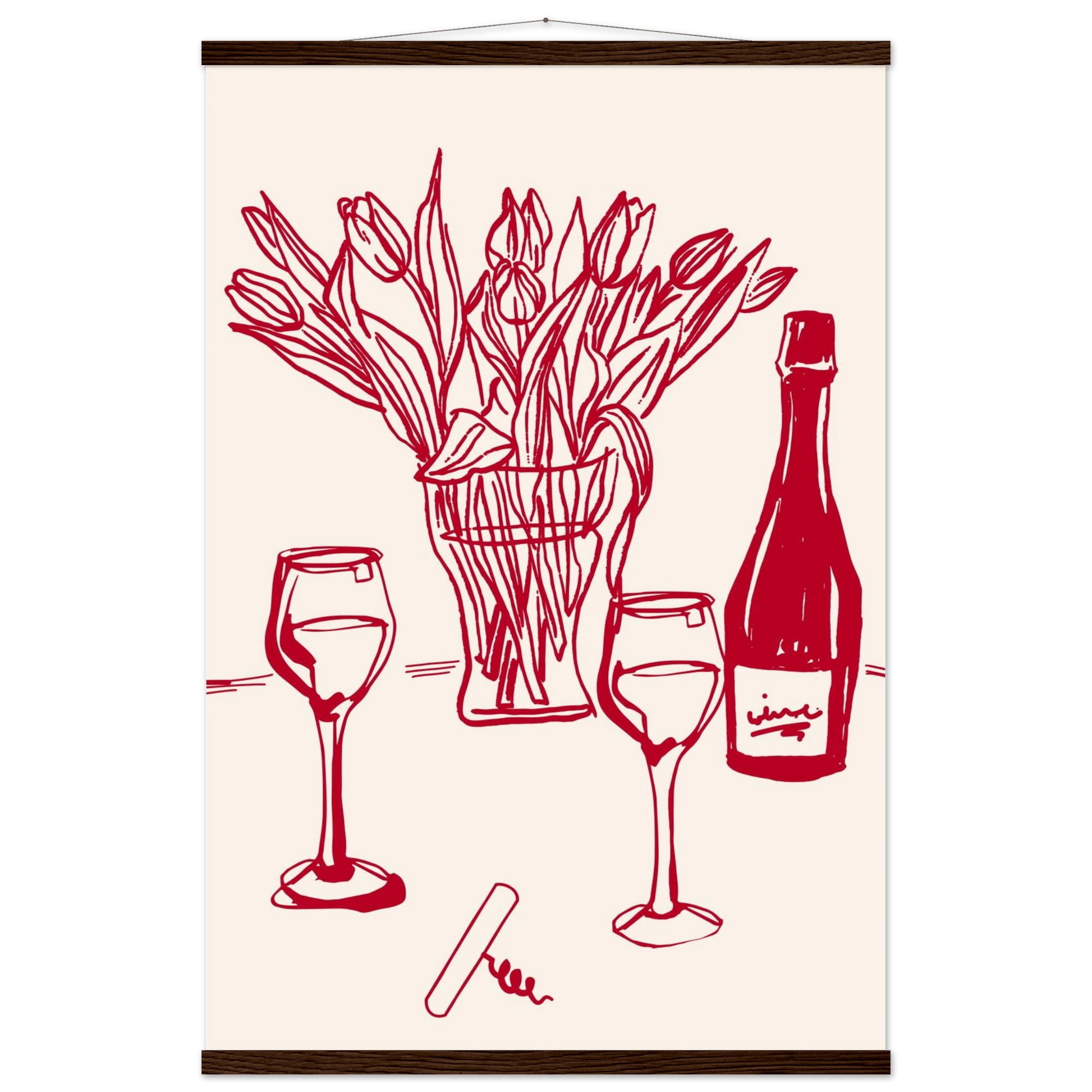 Red Wine & Tulips Print | Line Art Wine Bottle Wall Art | Kitchen Poster - Evergreen Posters