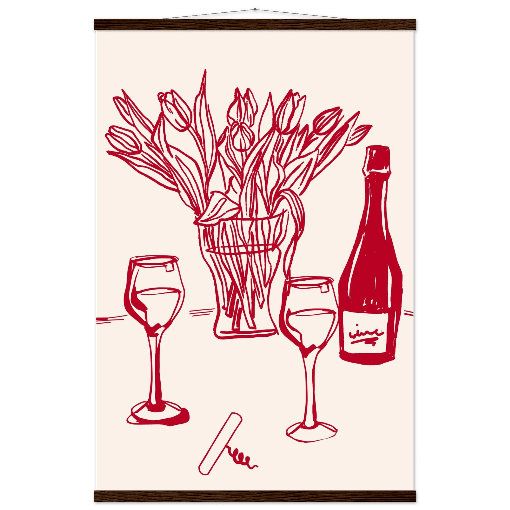 Red Wine & Tulips Print | Line Art Wine Bottle Wall Art | Kitchen Poster - Evergreen Posters