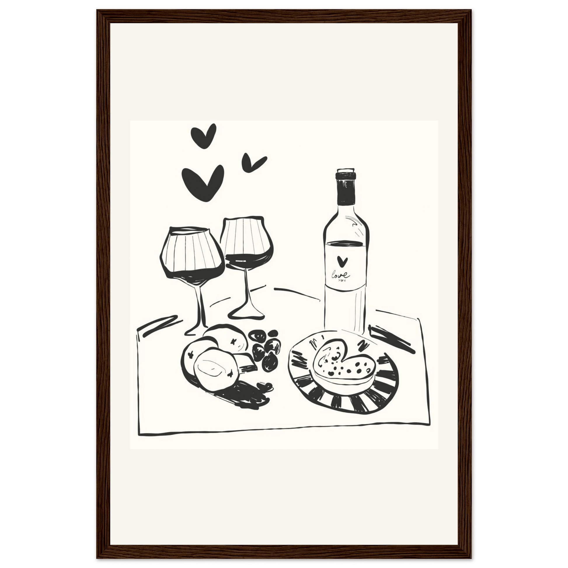 Wine for Two Print | Black Line Art Romantic Kitchen Wall Art | Couples Poster - Evergreen Posters