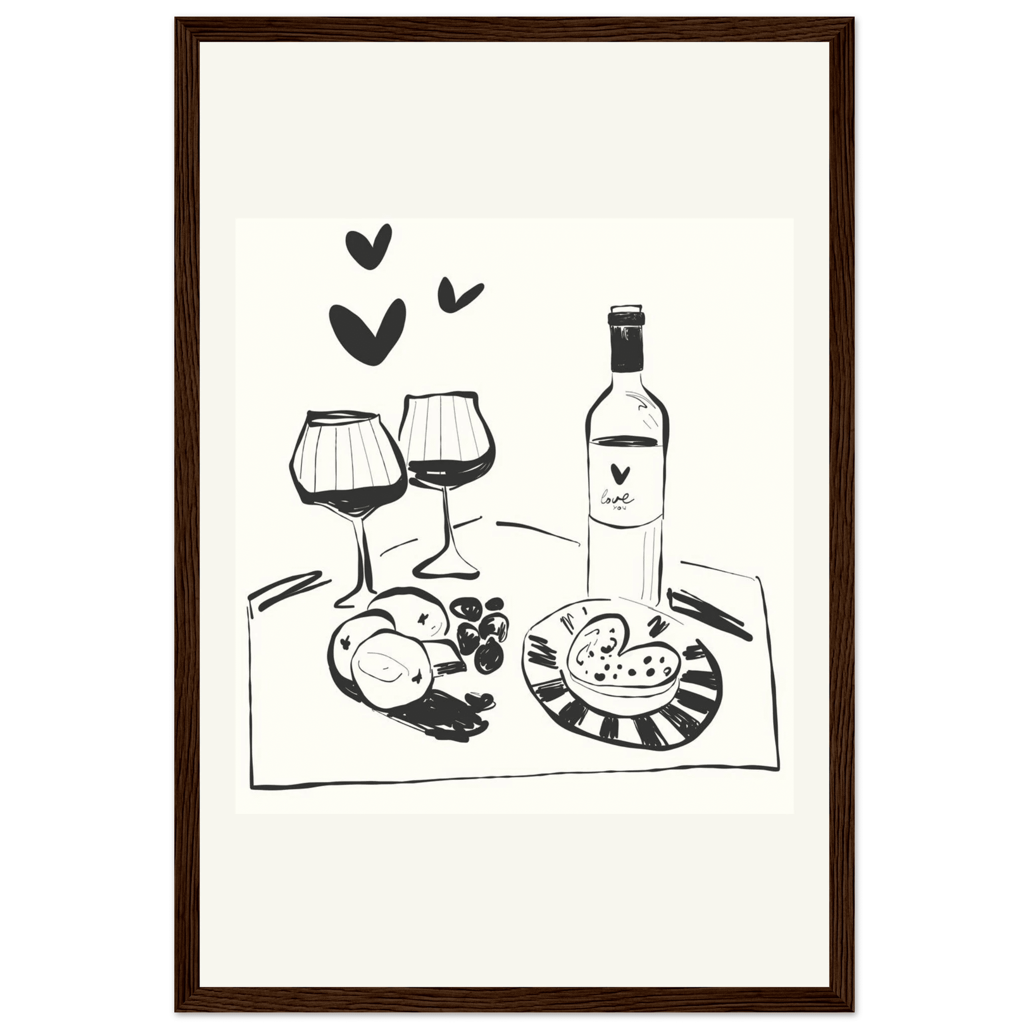 Wine for Two Print | Black Line Art Romantic Kitchen Wall Art | Couples Poster - Evergreen Posters