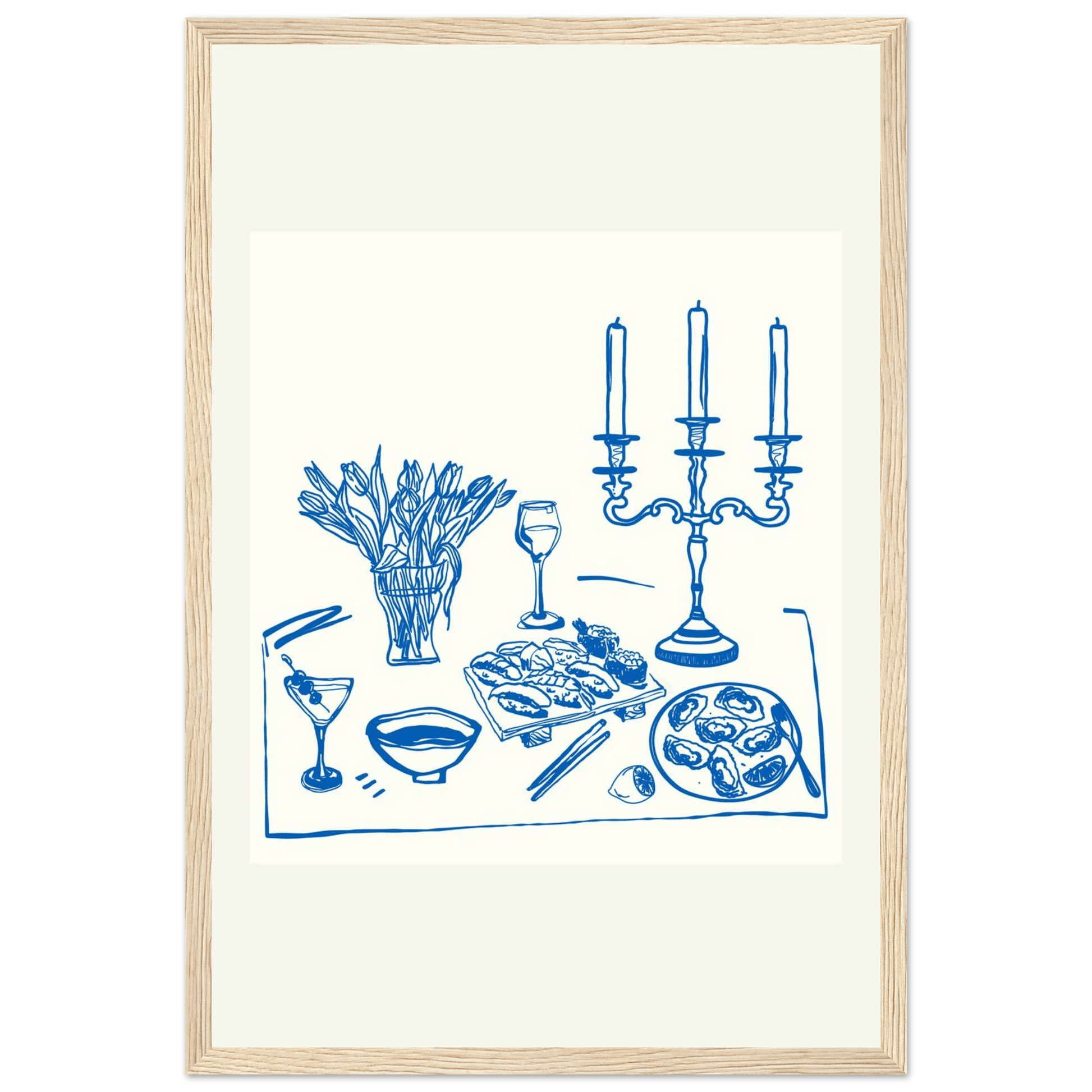 Fine Dining Table Print | Blue Line Art Kitchen Wall Art | Elegant Dining Room Poster - Evergreen Posters