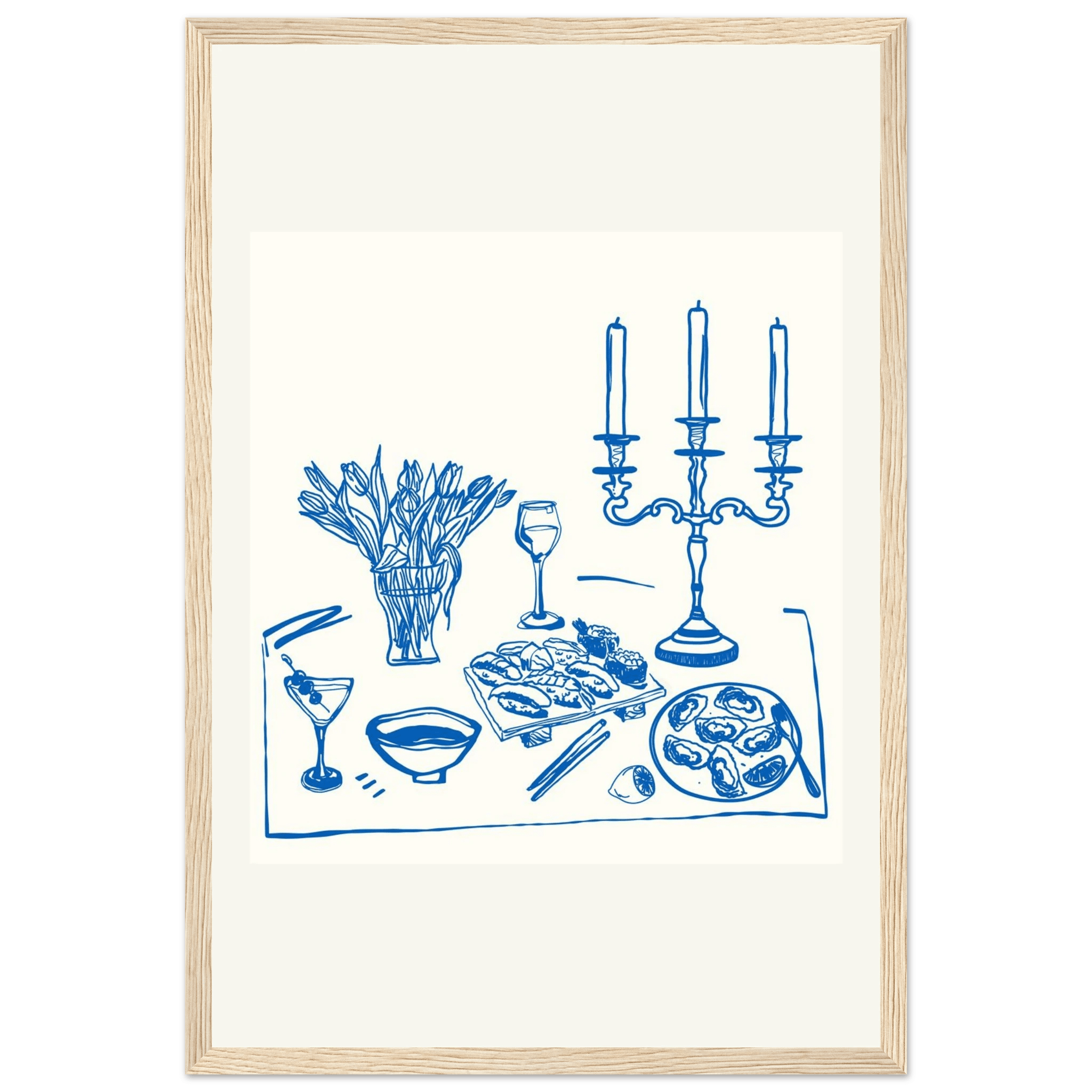 Fine Dining Table Print | Blue Line Art Kitchen Wall Art | Elegant Dining Room Poster - Evergreen Posters