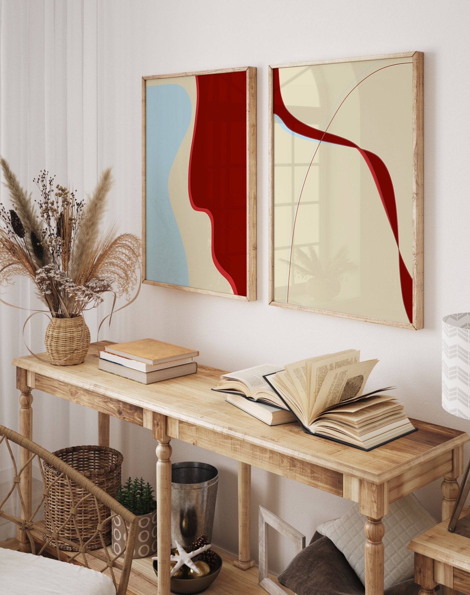 Set of 2 Abstract Prints | Red & Blue Modern Wall Art | Minimalist Living Room Poster Set - Evergreen Posters