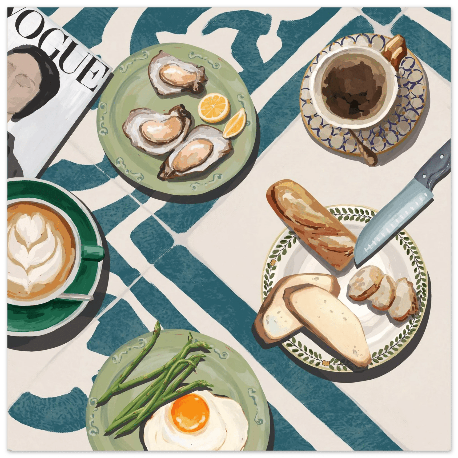 Oysters & Vogue Brunch Poster | Luxury Kitchen Wall Art | Blue Tile Square Print - Evergreen Posters - 5