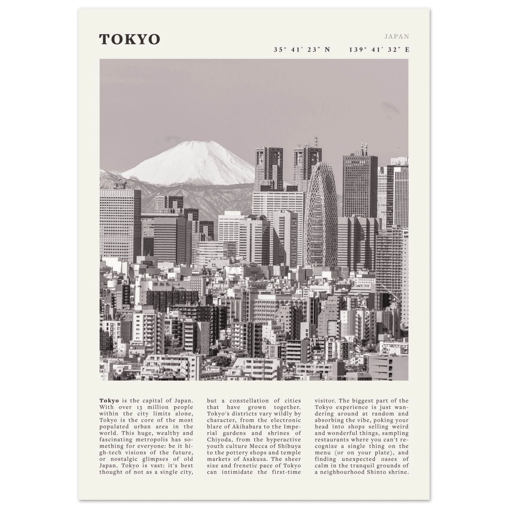 Tokyo Poster | Black & White Mount Fuji Skyline Wall Art | Japan Travel Print - Evergreen Posters