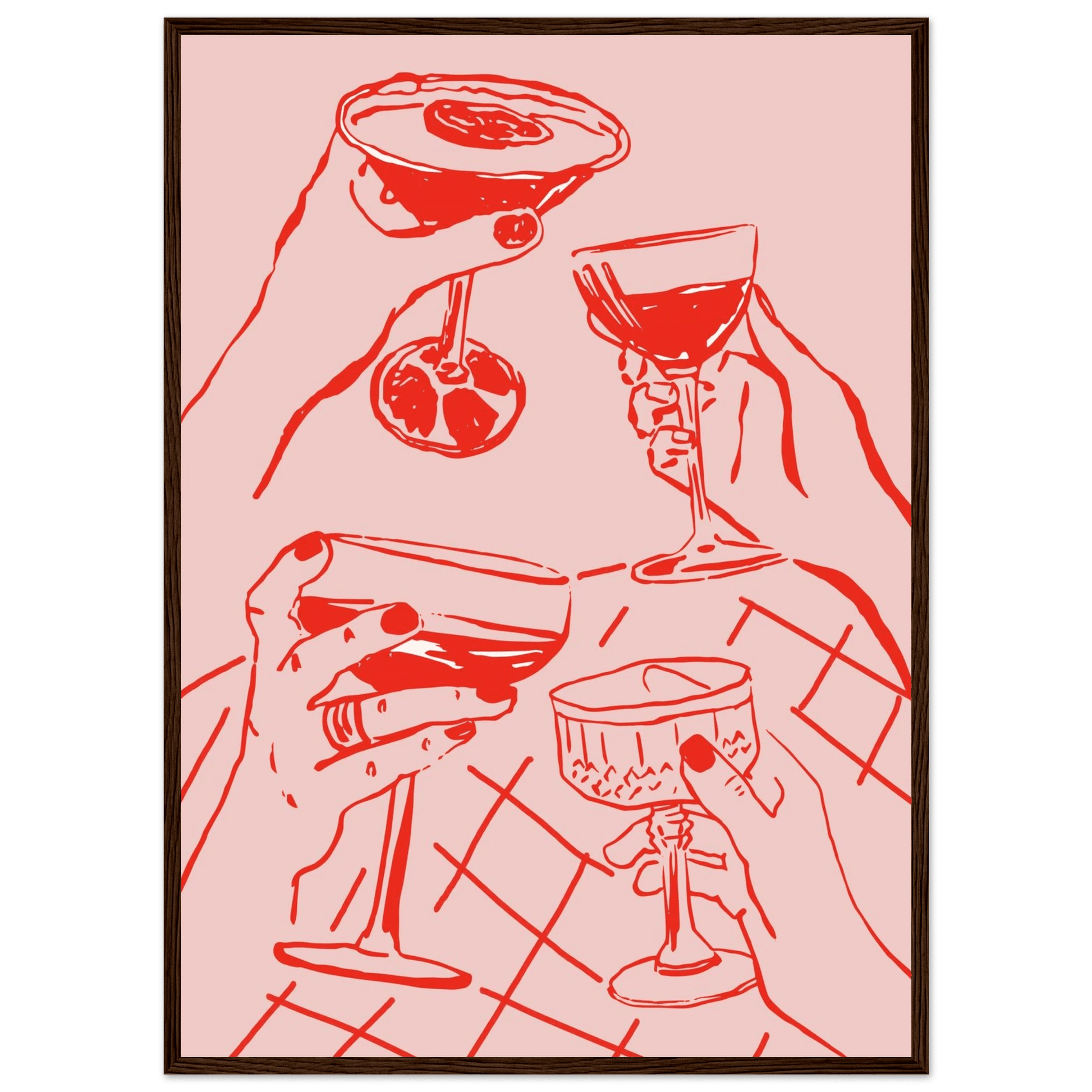 Cheers Print | Red & Pink Cocktail Glasses Wall Art | Kitchen Bar Poster - Evergreen Posters