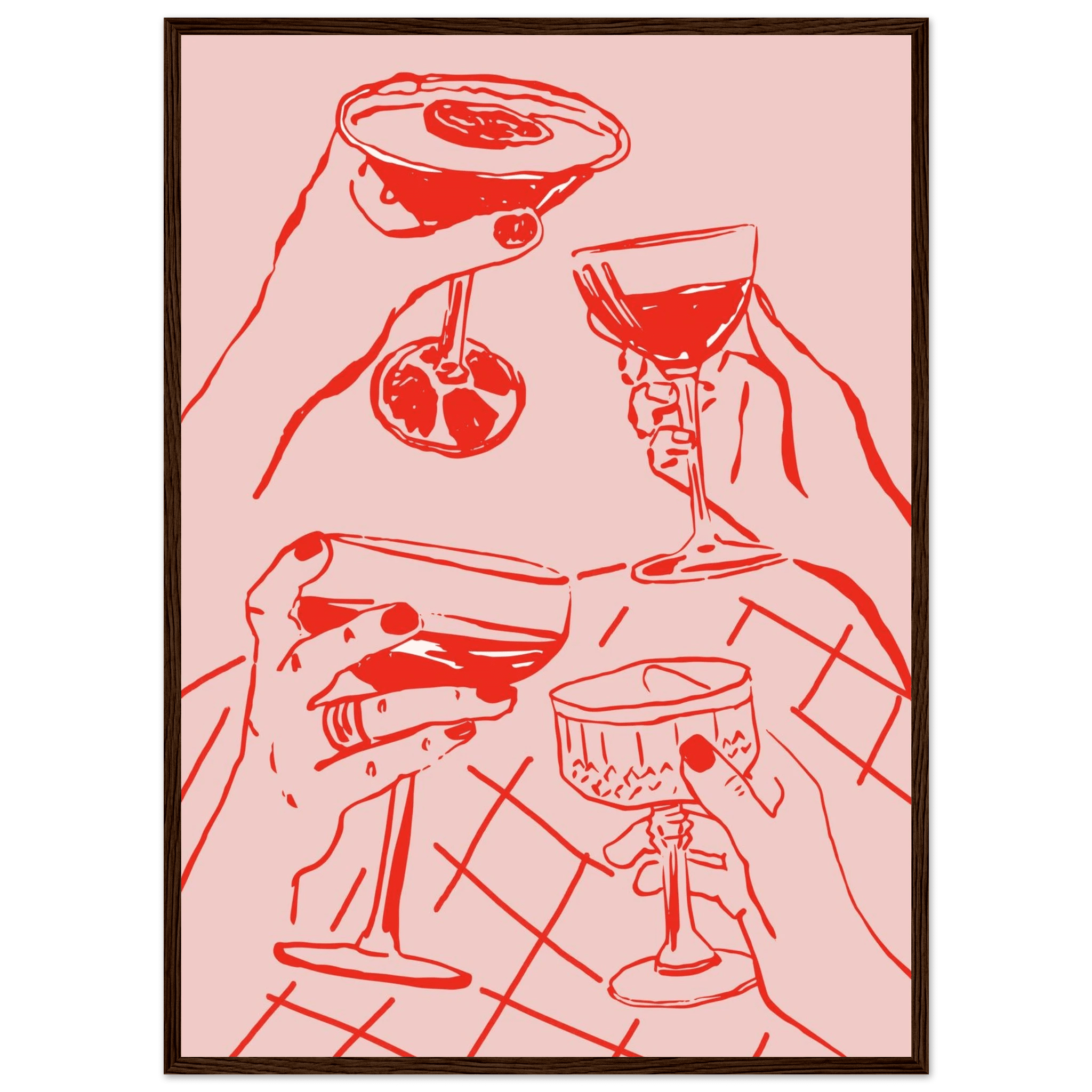 Cheers Print | Red & Pink Cocktail Glasses Wall Art | Kitchen Bar Poster - Evergreen Posters