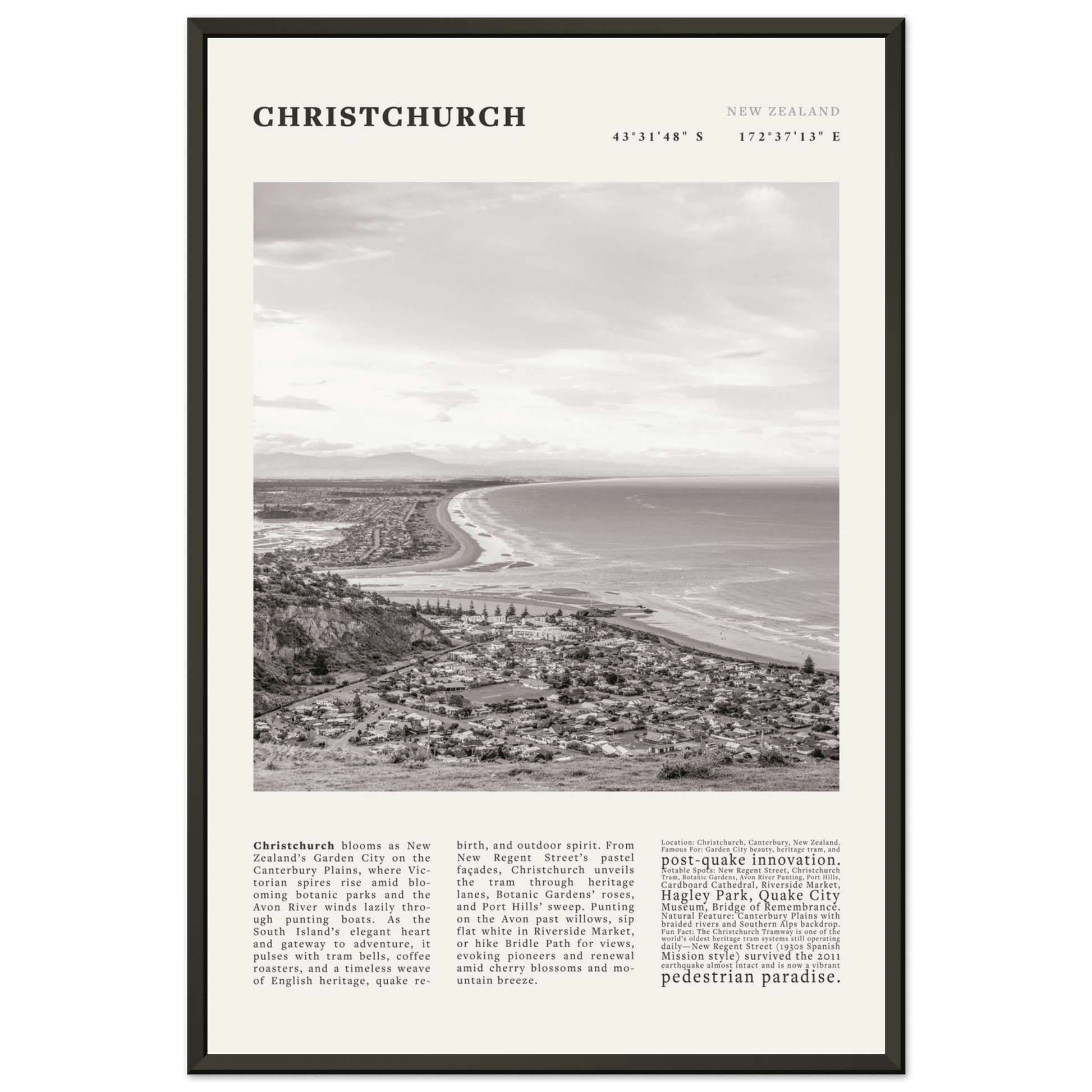 Christchurch New Zealand Poster Black and White – Vintage Garden City Panorama Print - Evergreen Posters