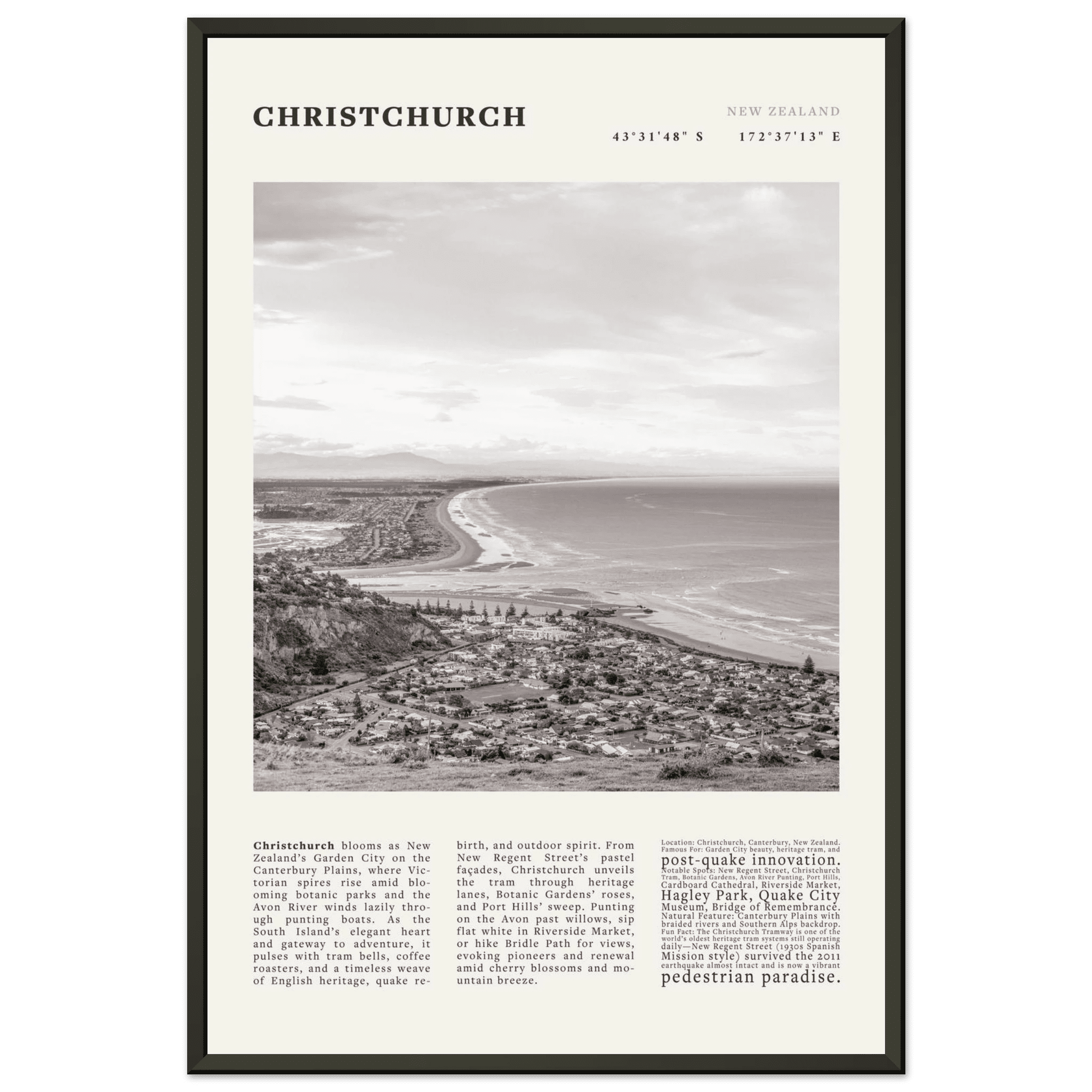 Christchurch New Zealand Poster Black and White – Vintage Garden City Panorama Print - Evergreen Posters