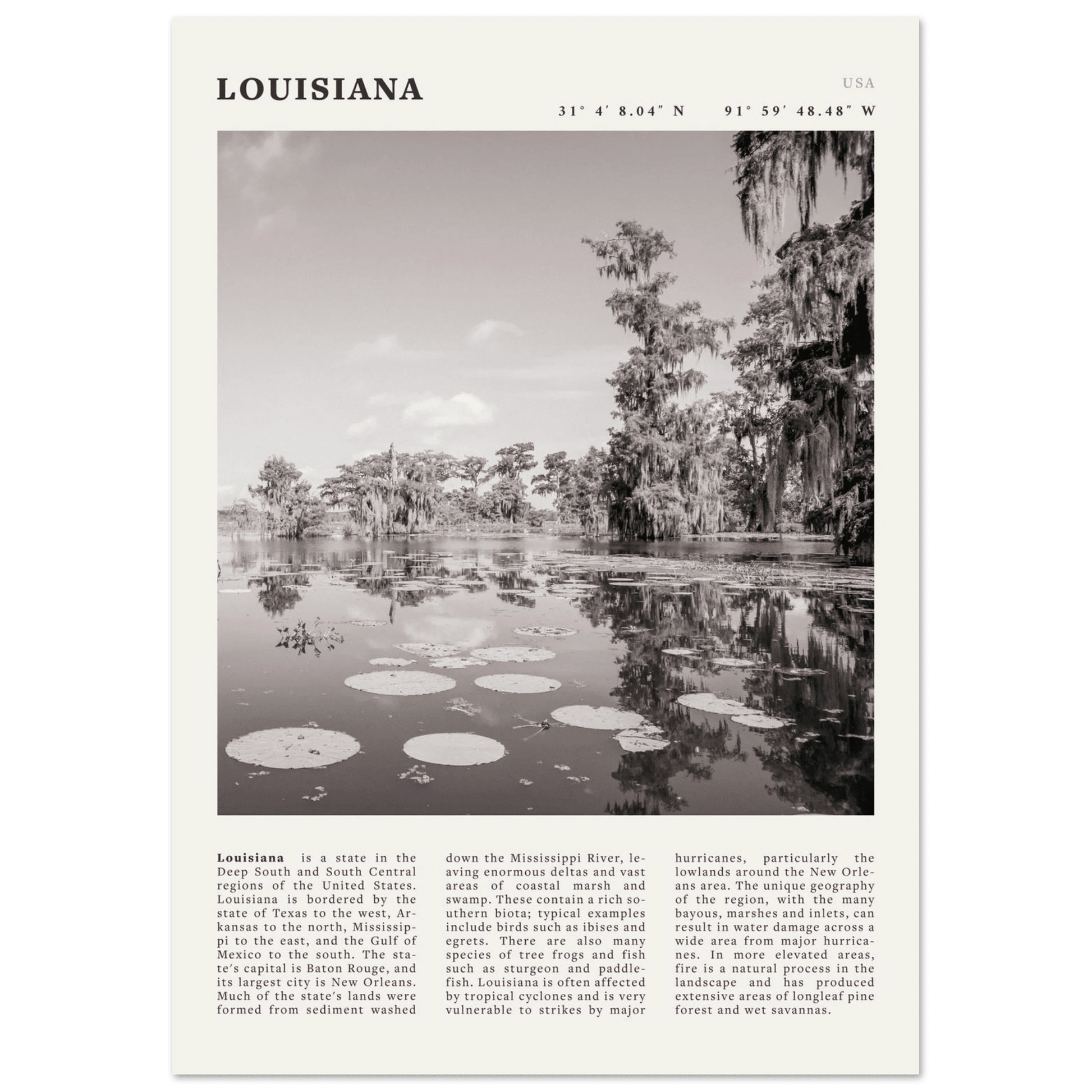 Louisiana Poster | Black & White Bayou Wall Art | Southern USA Travel Print Decor - Evergreen Posters