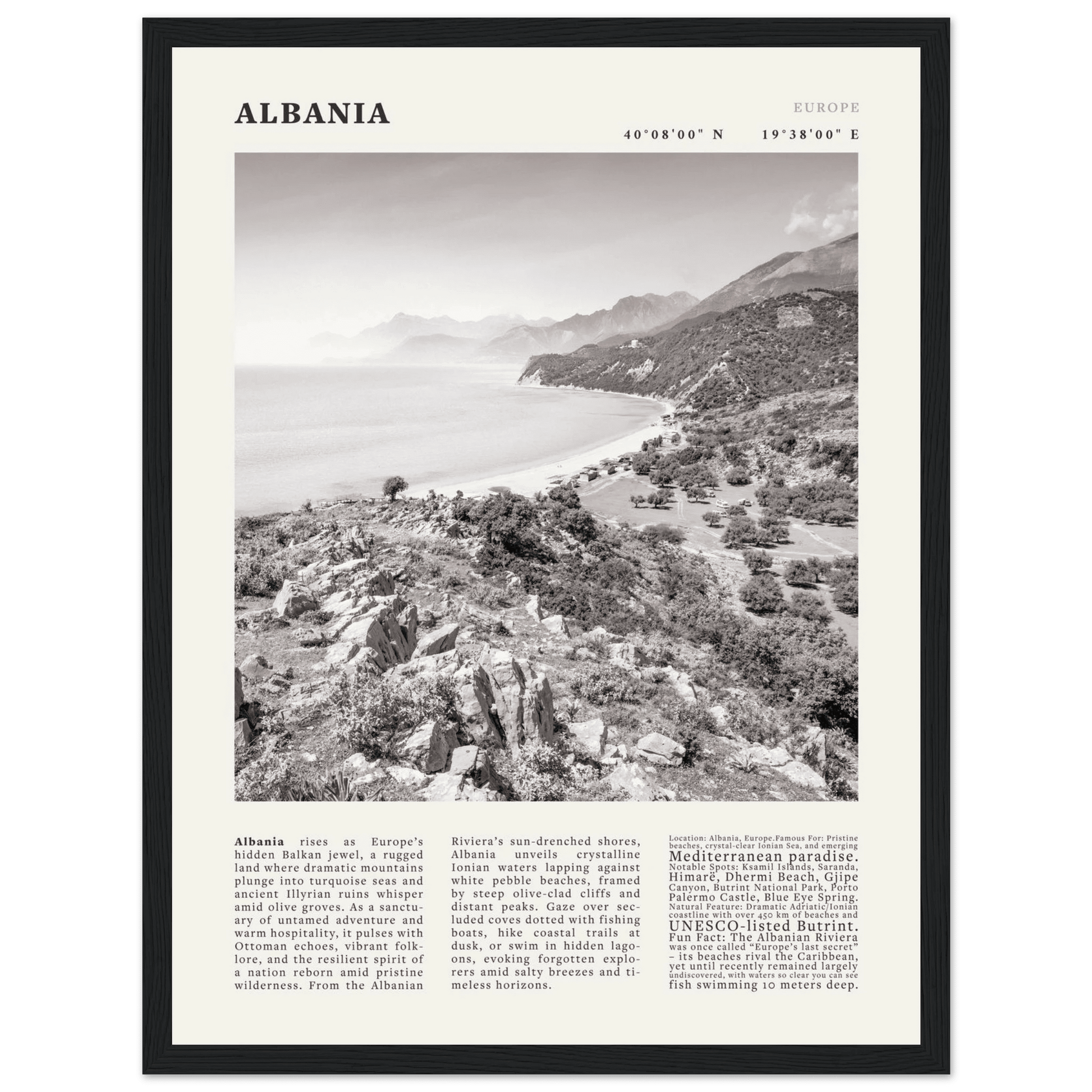 Albania Poster Black and White – Vintage Albanian Riviera Travel Print (Digital & Printed Options) - Evergreen Posters