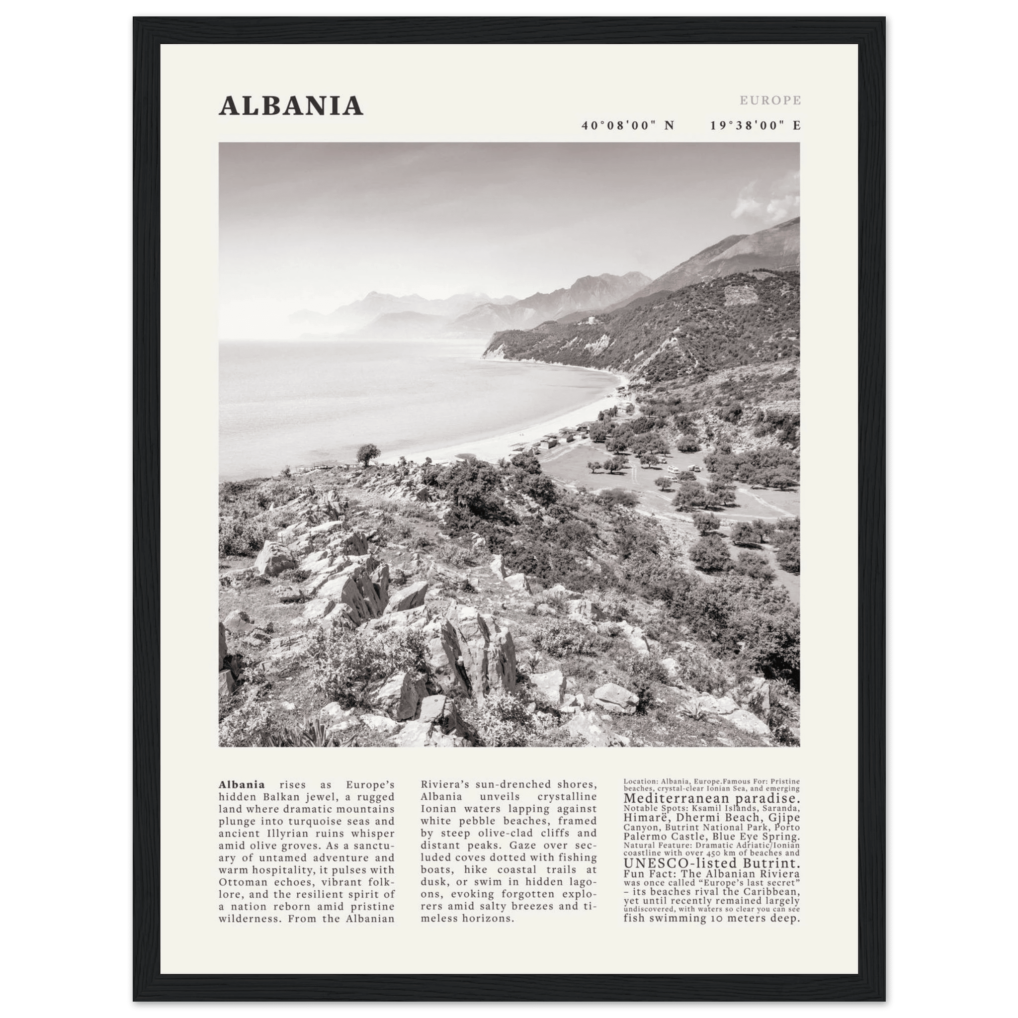 Albania Poster Black and White – Vintage Albanian Riviera Travel Print (Digital & Printed Options) - Evergreen Posters