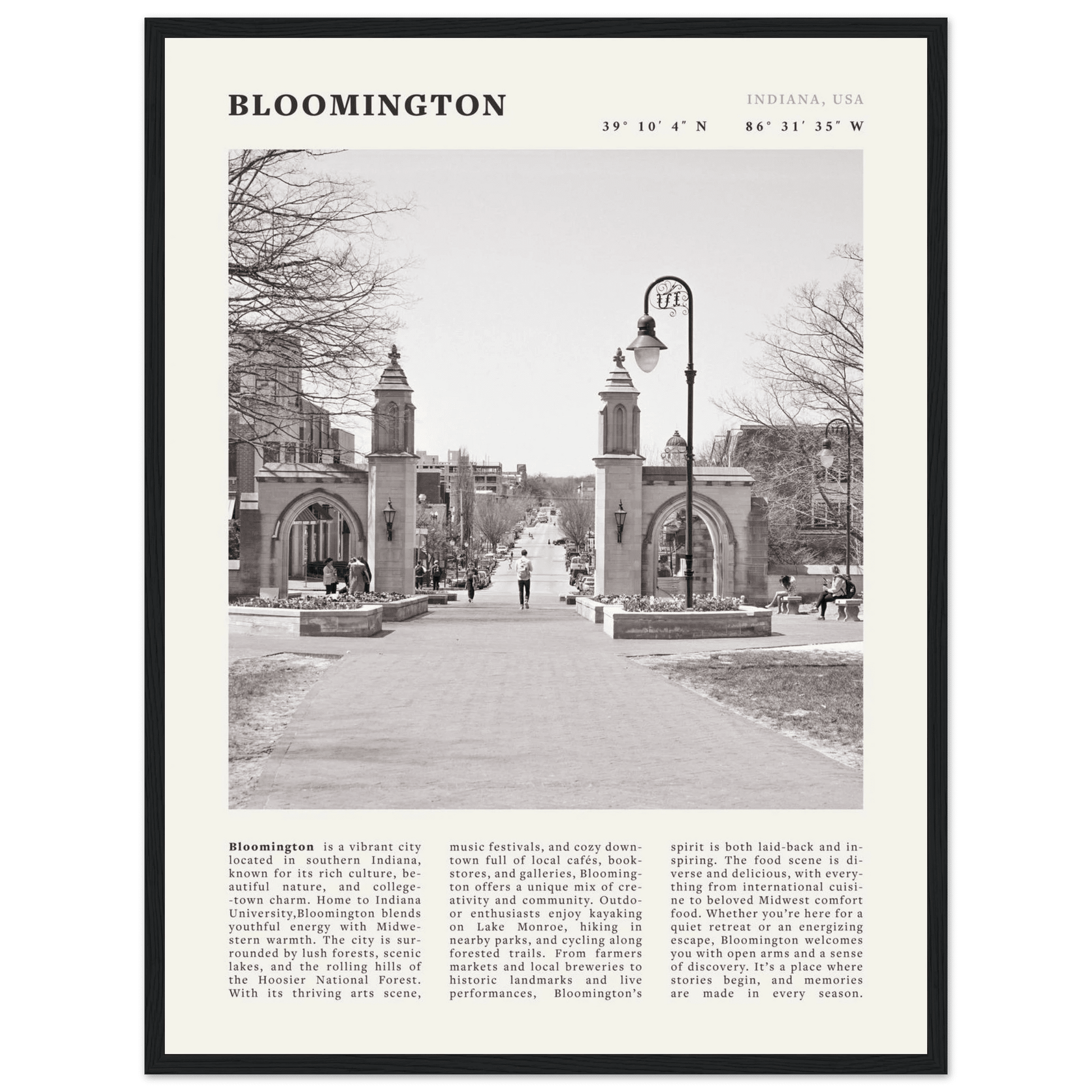 Bloomington Indiana Black and White Vintage Poster - Evergreen Posters