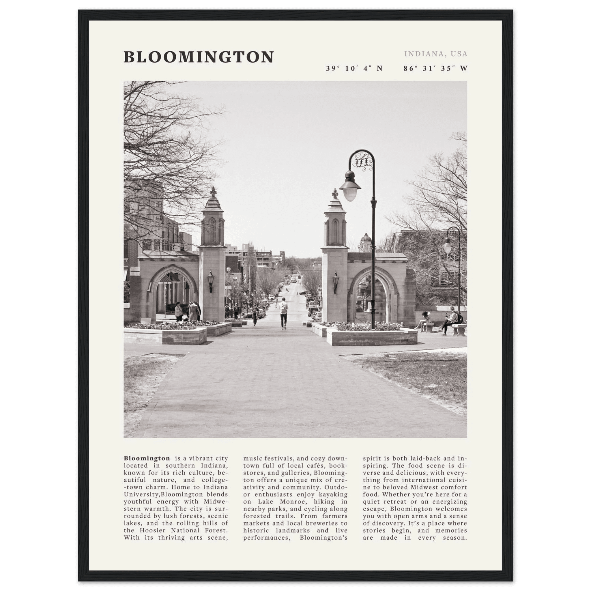 Bloomington Indiana Black and White Vintage Poster - Evergreen Posters