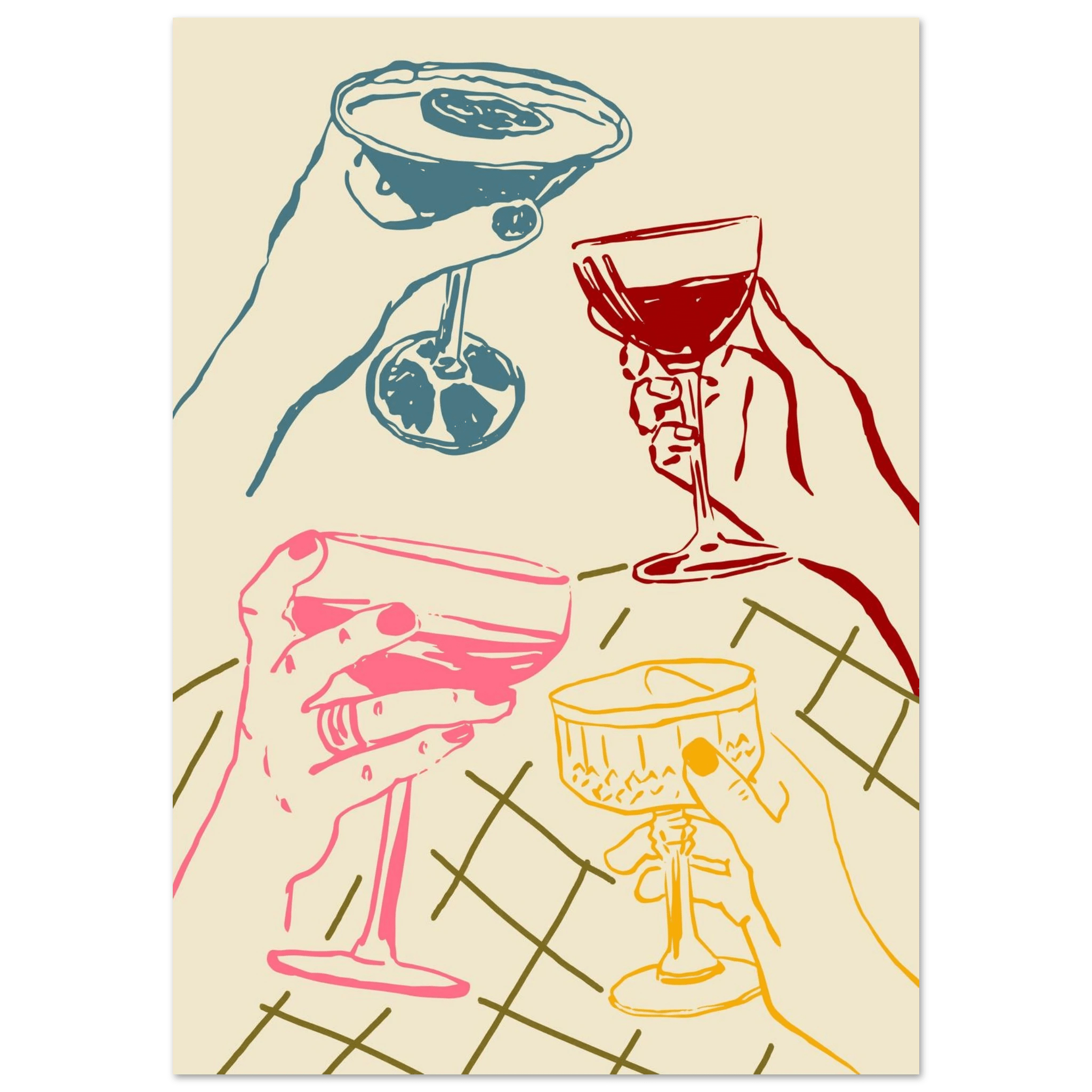 Cheers Print | Colourful Cocktail Glasses Wall Art | Kitchen Bar Poster - Evergreen Posters