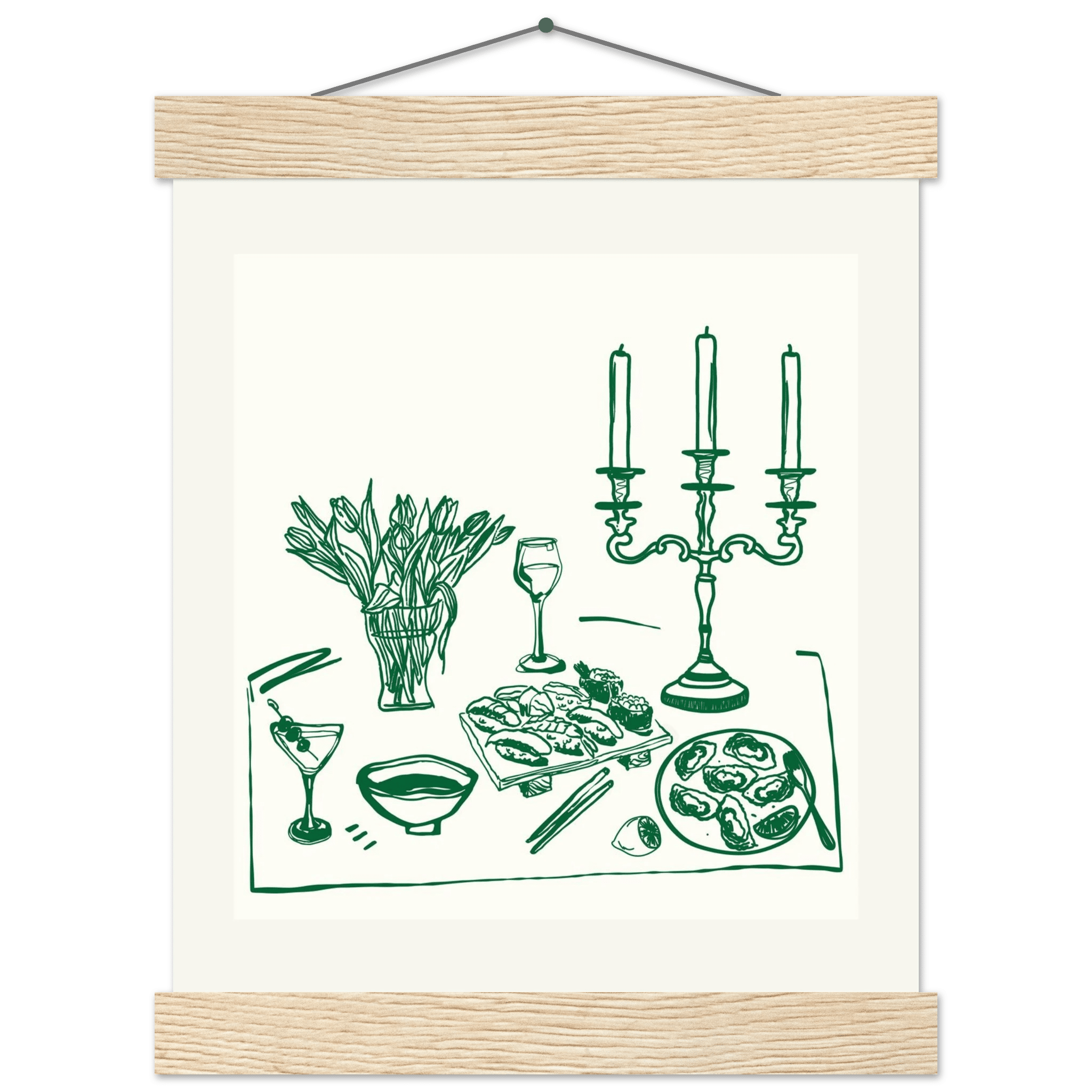 Fine Dining Table Print | Green Line Art Kitchen Wall Art | Elegant Dining Room Poster - Evergreen Posters