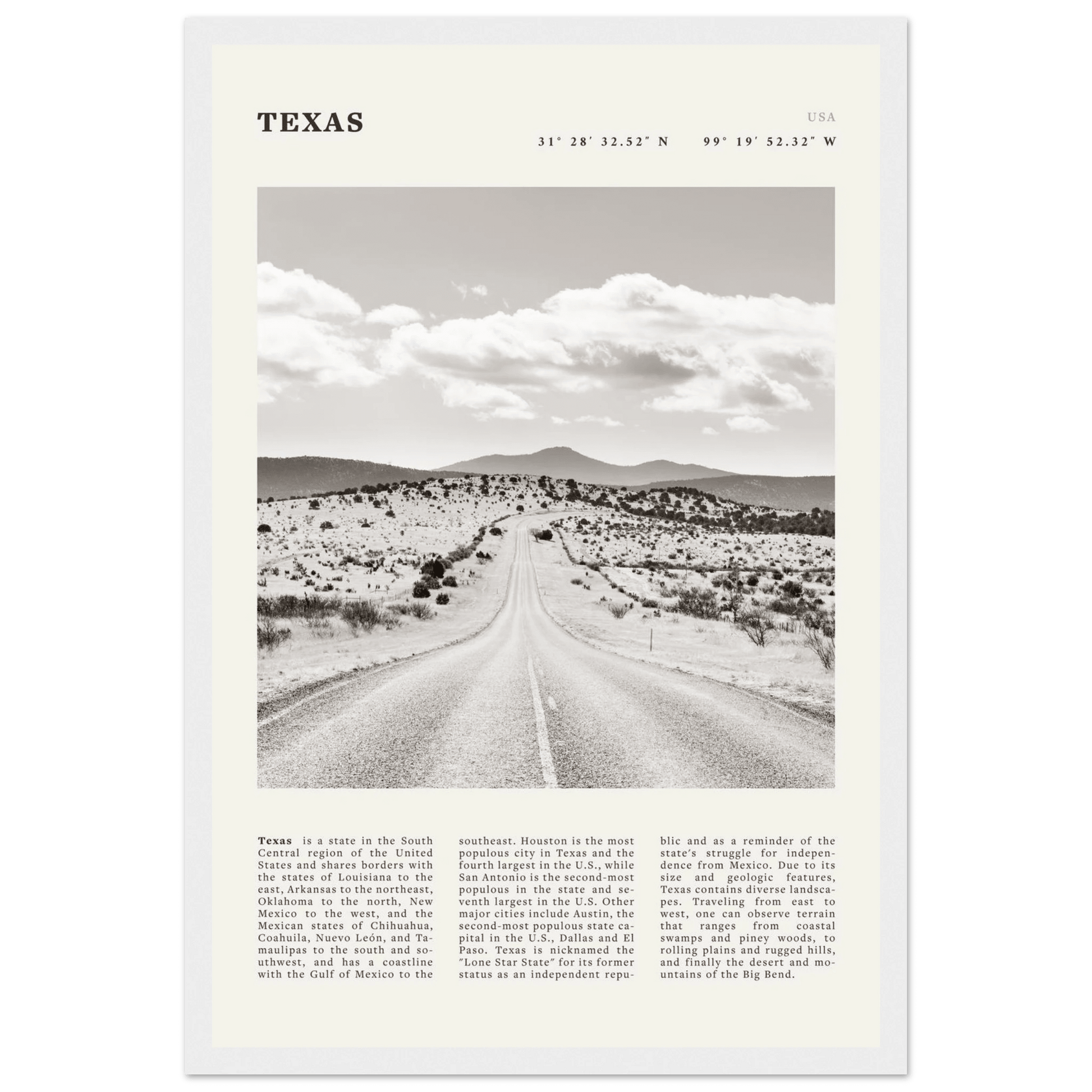 Texas Poster | Black & White Lone Star Road Wall Art | USA Travel Print Decor - Evergreen Posters