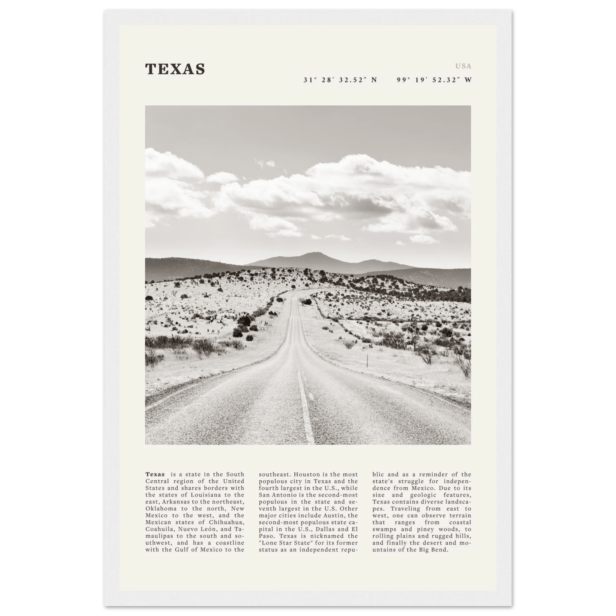 Texas Poster | Black & White Lone Star Road Wall Art | USA Travel Print Decor - Evergreen Posters