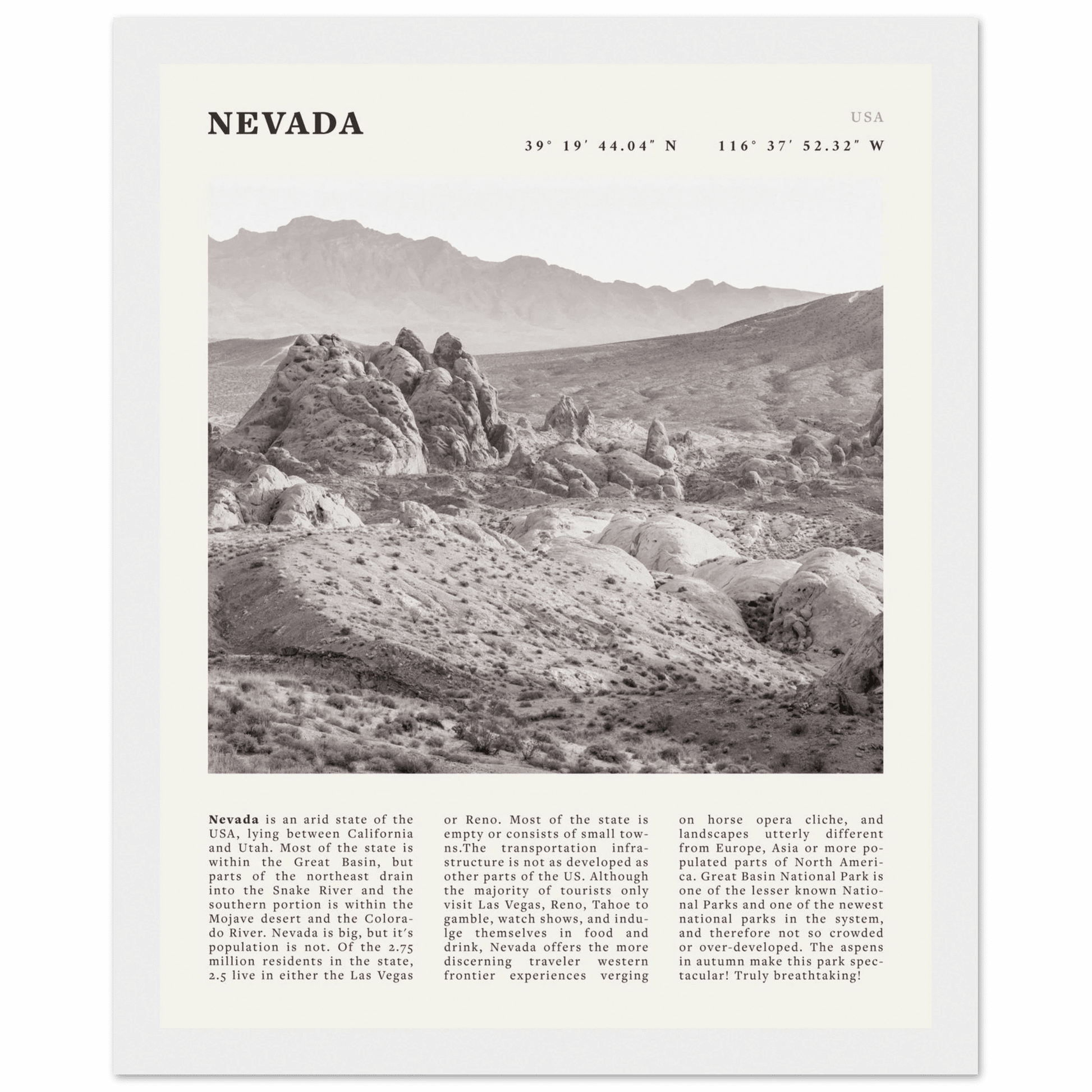 Nevada Poster | Black & White Desert Landscape Wall Art | USA Travel Print Decor - Evergreen Posters