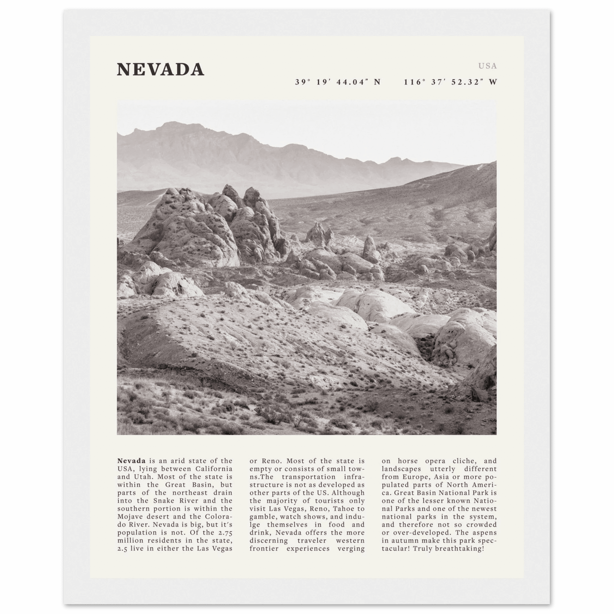 Nevada Poster | Black & White Desert Landscape Wall Art | USA Travel Print Decor - Evergreen Posters