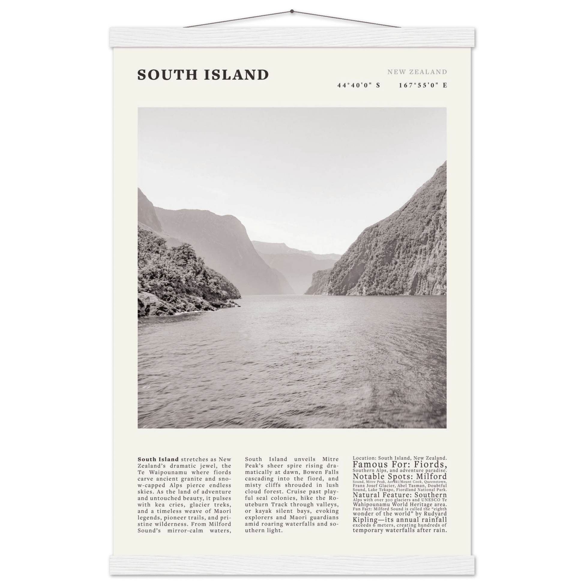 South Island New Zealand Poster Black and White – Vintage Milford Sound Fjord Print - Evergreen Posters