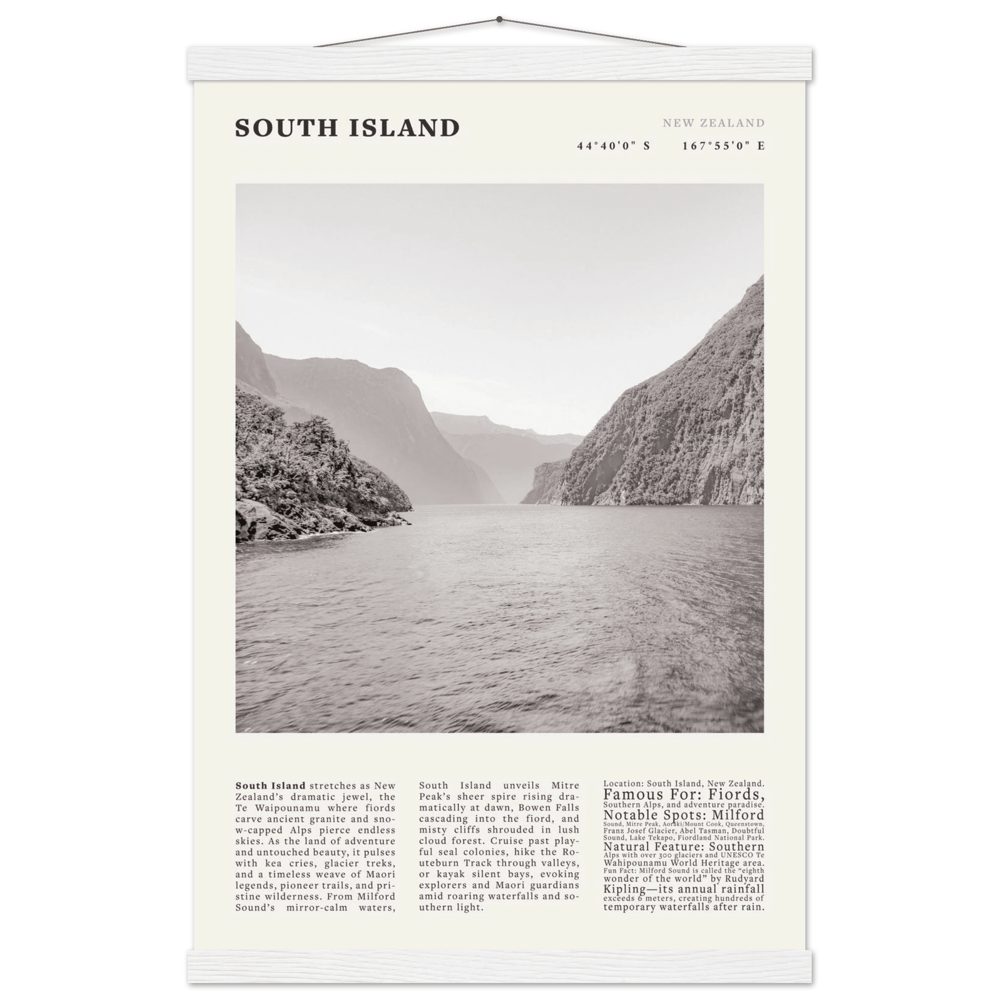 South Island New Zealand Poster Black and White – Vintage Milford Sound Fjord Print - Evergreen Posters