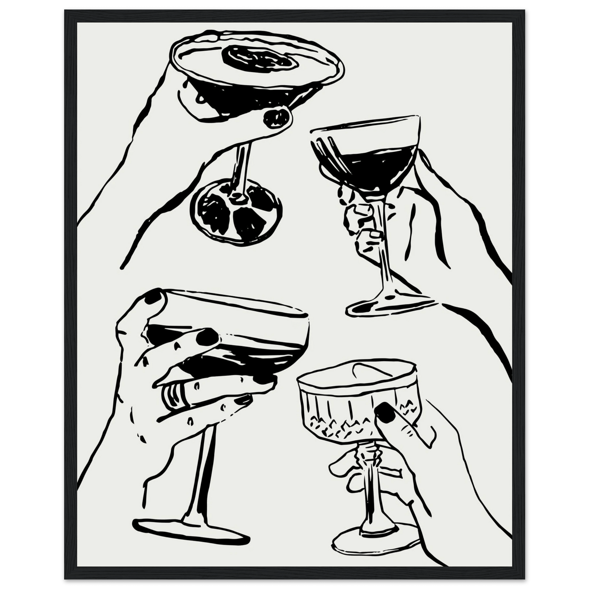 Cheers Print | Black Line Art Cocktail Glasses Wall Art | Kitchen Bar Poster - Evergreen Posters