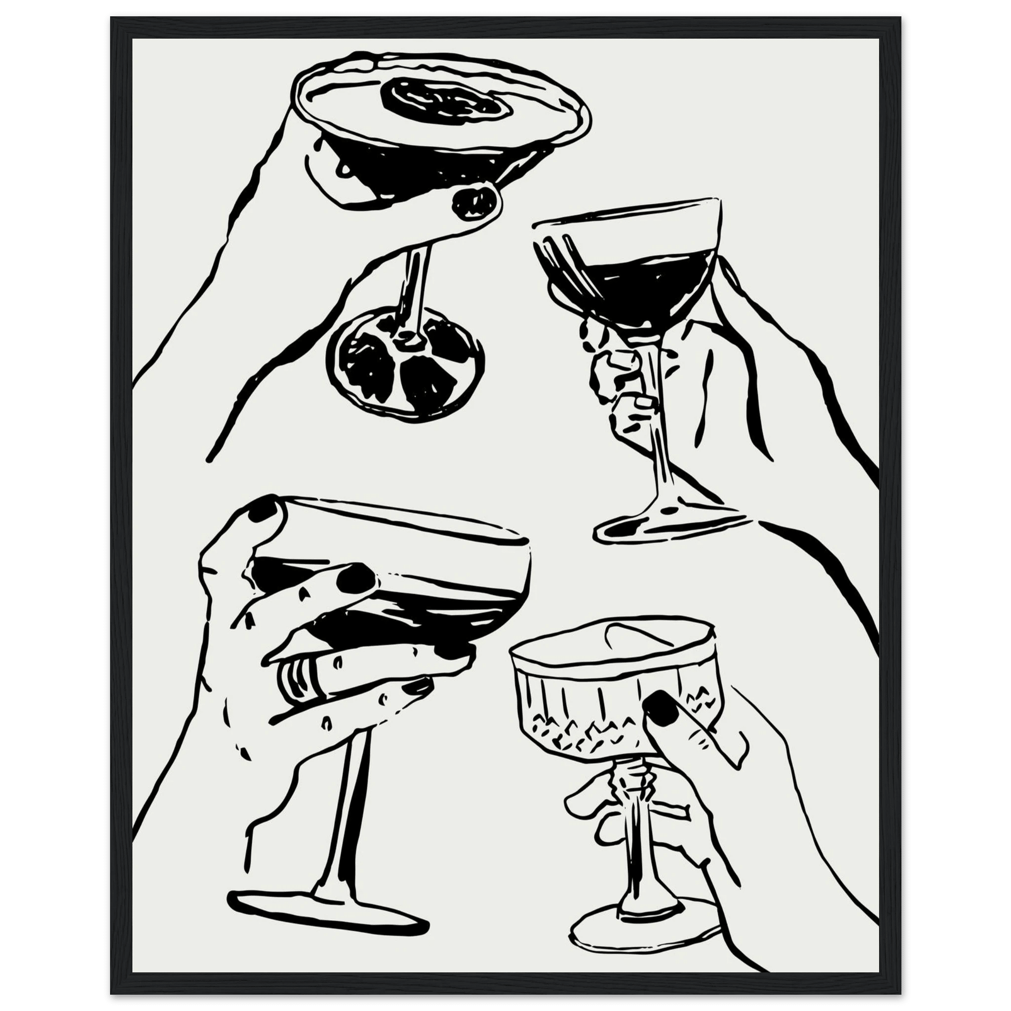 Cheers Print | Black Line Art Cocktail Glasses Wall Art | Kitchen Bar Poster - Evergreen Posters