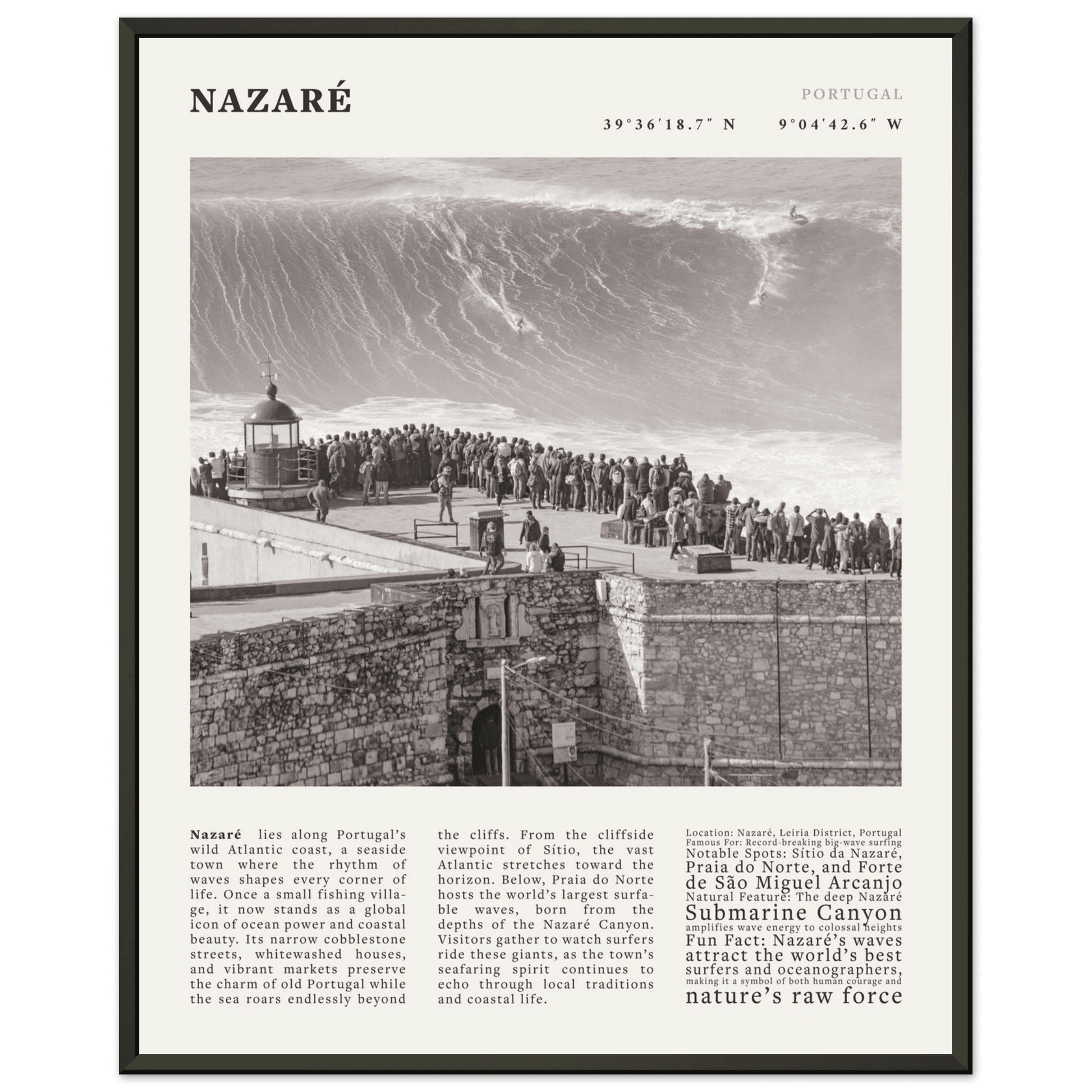 Nazaré Portugal Poster Black and White – Vintage Big Waves Surf Print (Digital & Printed Options) - Evergreen Posters