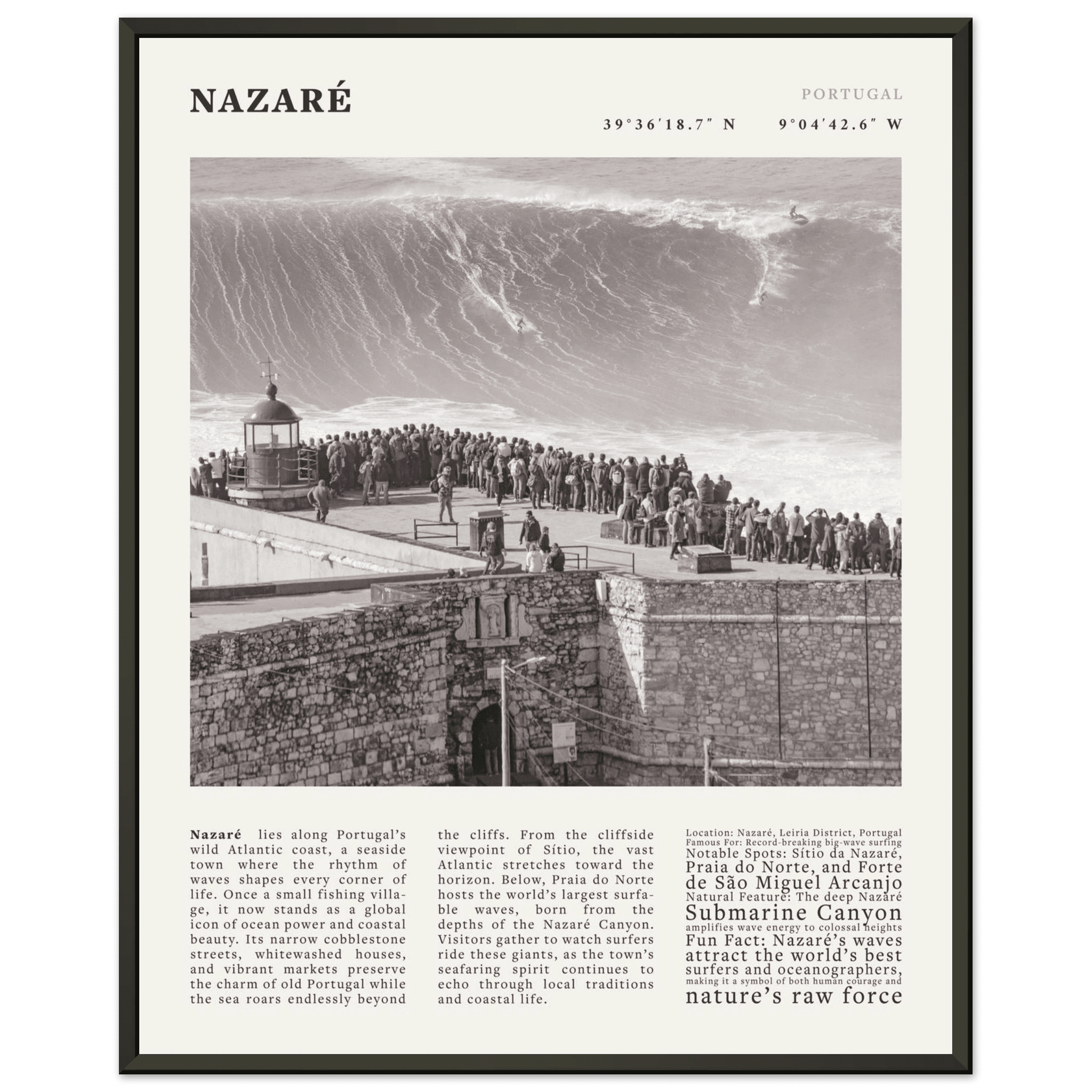 Nazaré Portugal Poster Black and White – Vintage Big Waves Surf Print (Digital & Printed Options) - Evergreen Posters