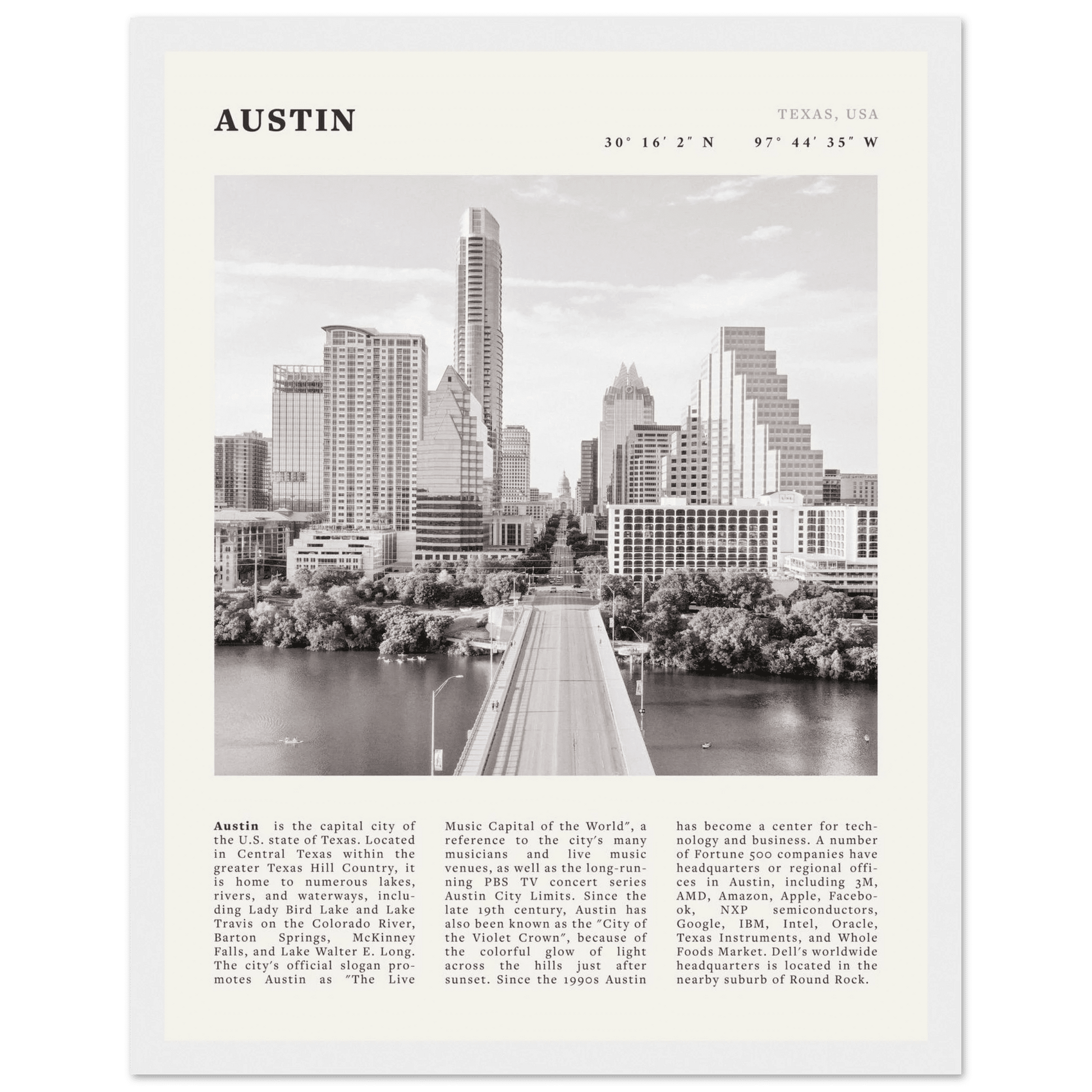 Austin Poster | Black & White Texas Skyline Wall Art | City Travel Print Decor - Evergreen Posters