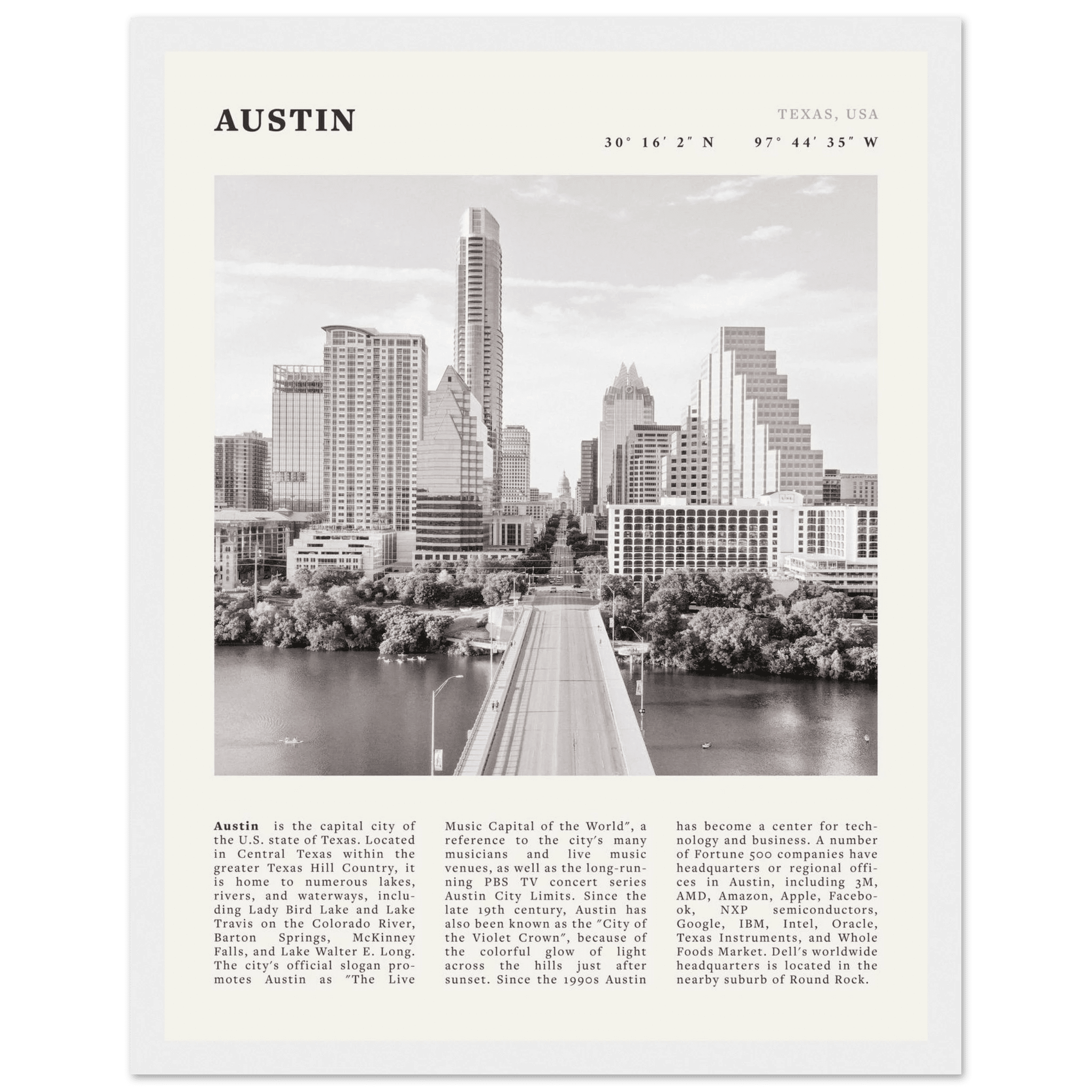 Austin Poster | Black & White Texas Skyline Wall Art | City Travel Print Decor - Evergreen Posters