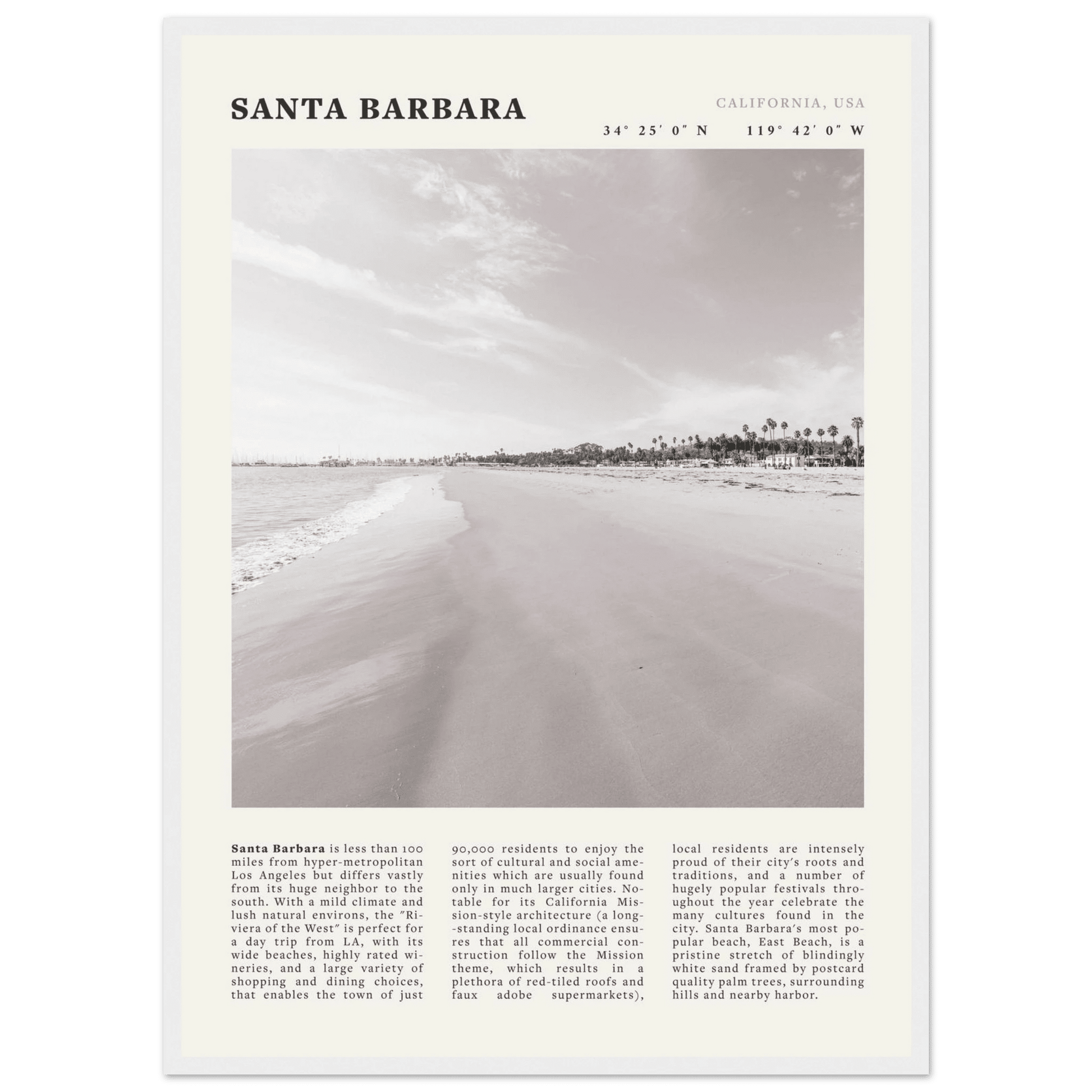 Santa Barbara Poster | Black & White California Beach Wall Art | CA Travel Print - Evergreen Posters