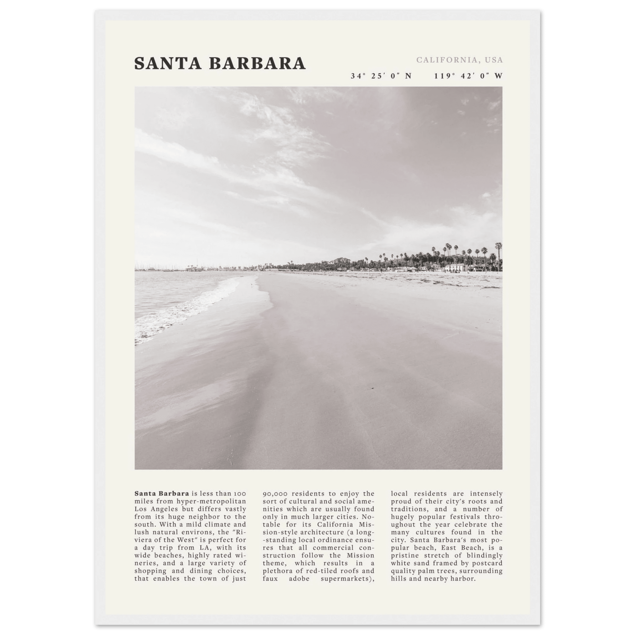 Santa Barbara Poster | Black & White California Beach Wall Art | CA Travel Print - Evergreen Posters