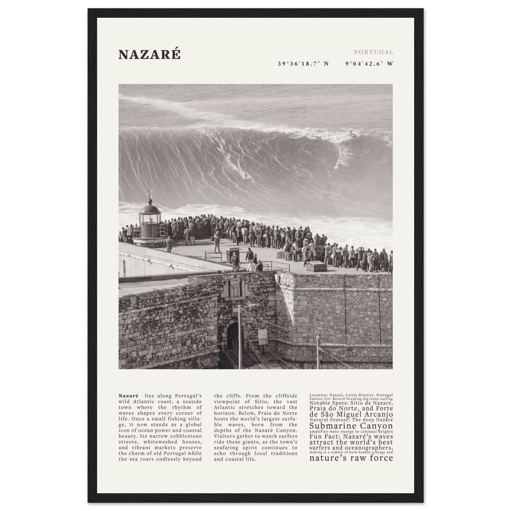 Nazaré Portugal Poster Black and White – Vintage Big Waves Surf Print (Digital & Printed Options) - Evergreen Posters