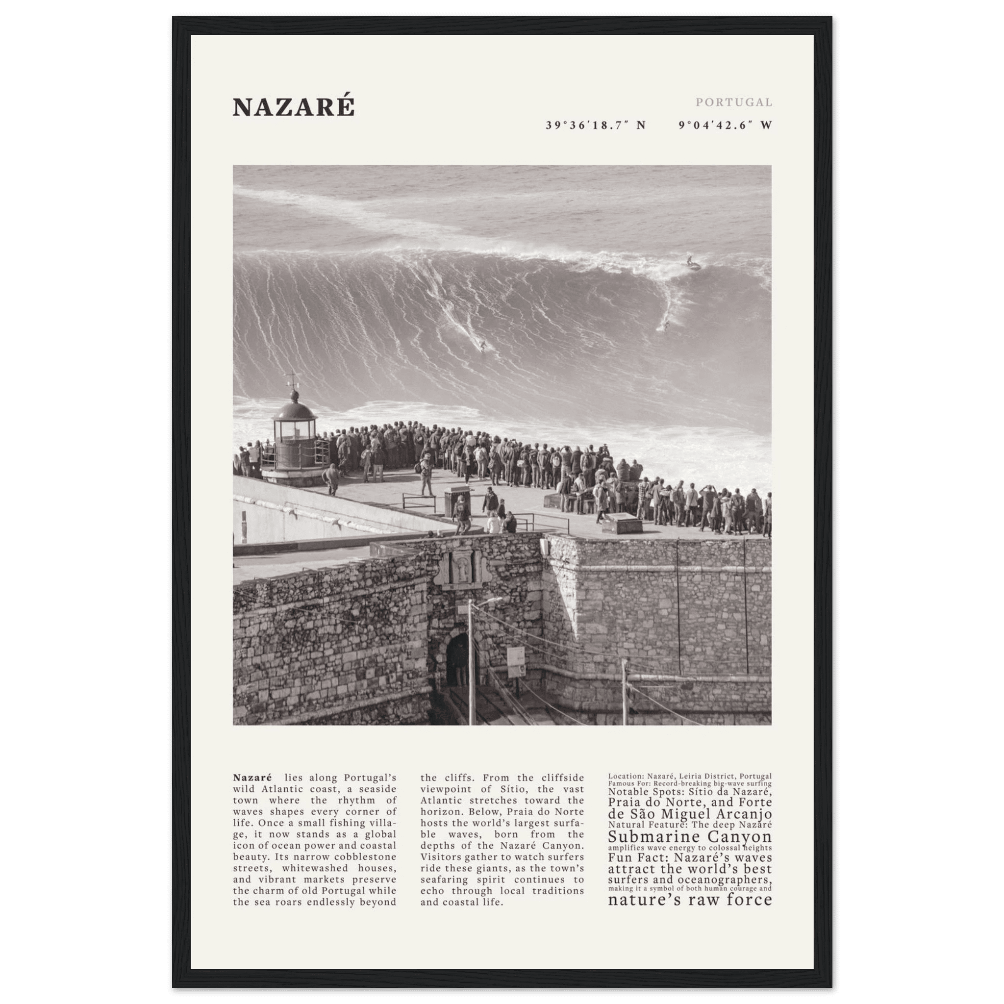 Nazaré Portugal Poster Black and White – Vintage Big Waves Surf Print (Digital & Printed Options) - Evergreen Posters