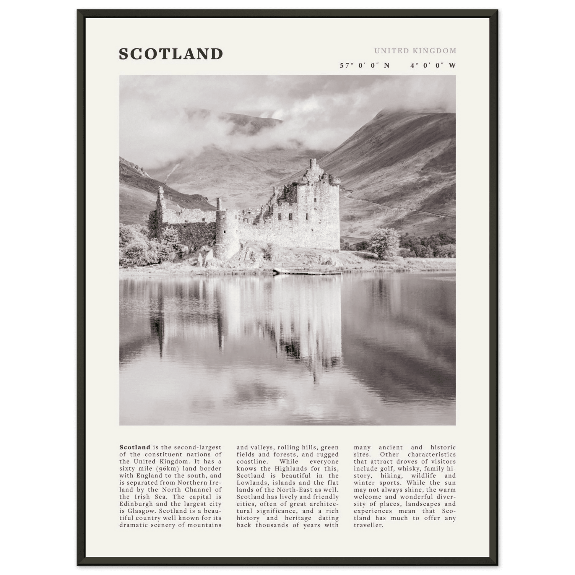 Scotland Poster | Black & White Highland Castle Wall Art | UK Travel Print Decor - Evergreen Posters