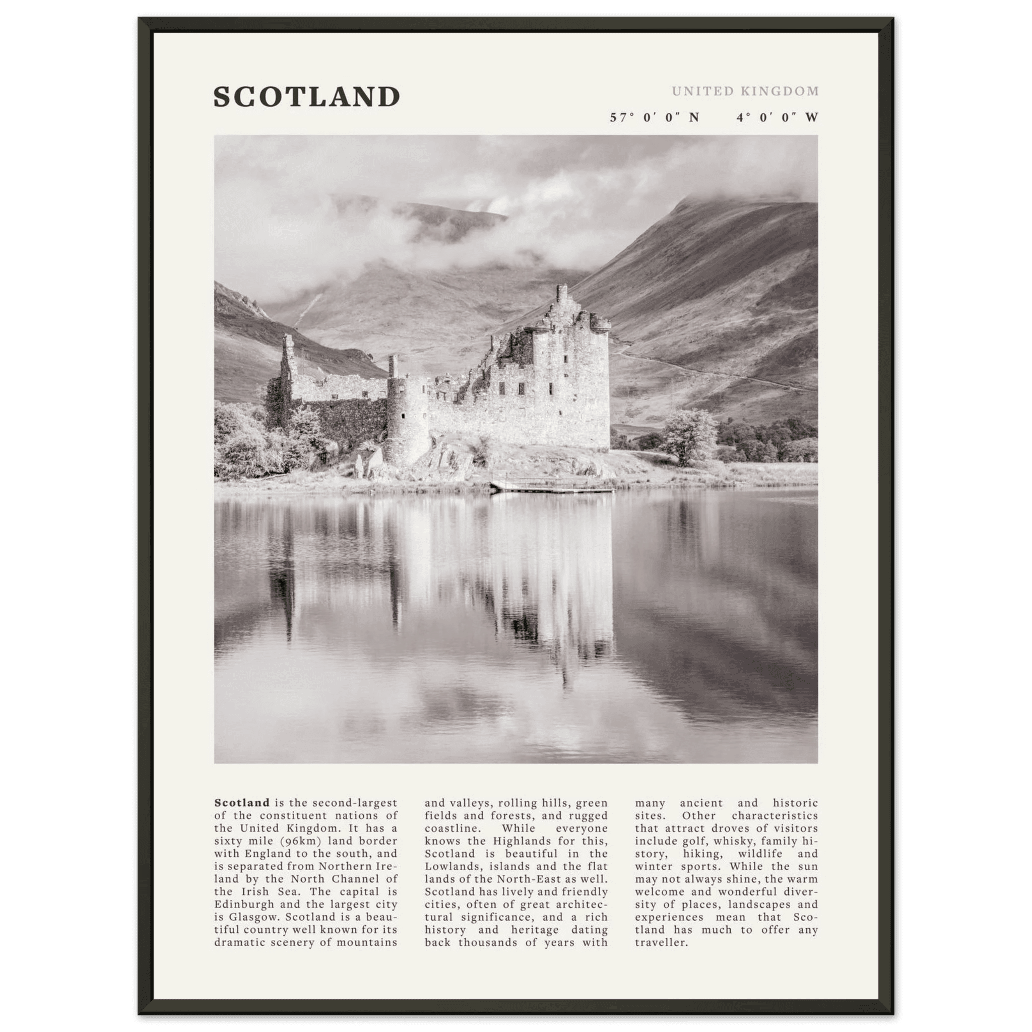 Scotland Poster | Black & White Highland Castle Wall Art | UK Travel Print Decor - Evergreen Posters
