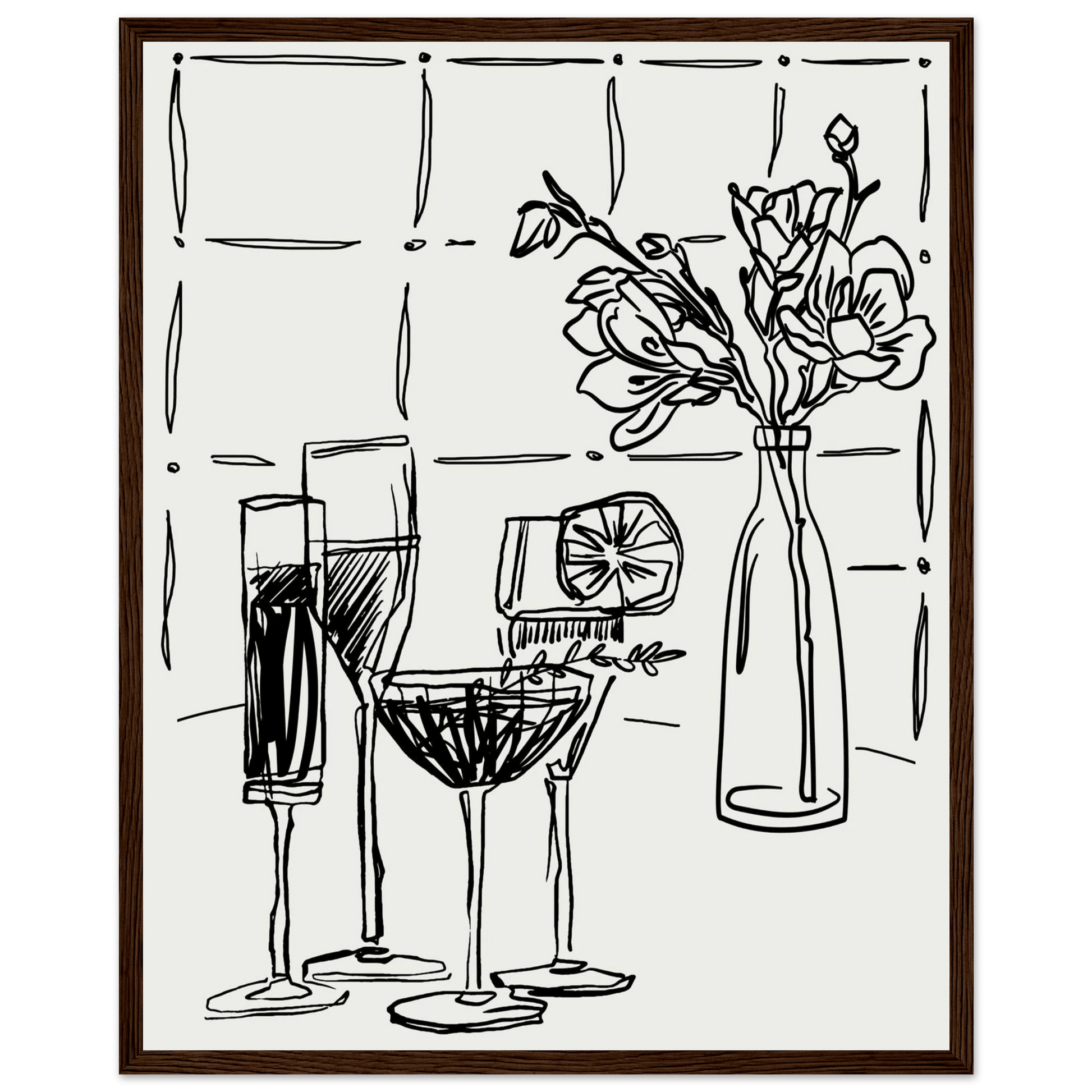 Cocktails & Flowers Print | Black Line Art Drinks Wall Art | Kitchen Bar Poster - Evergreen Posters