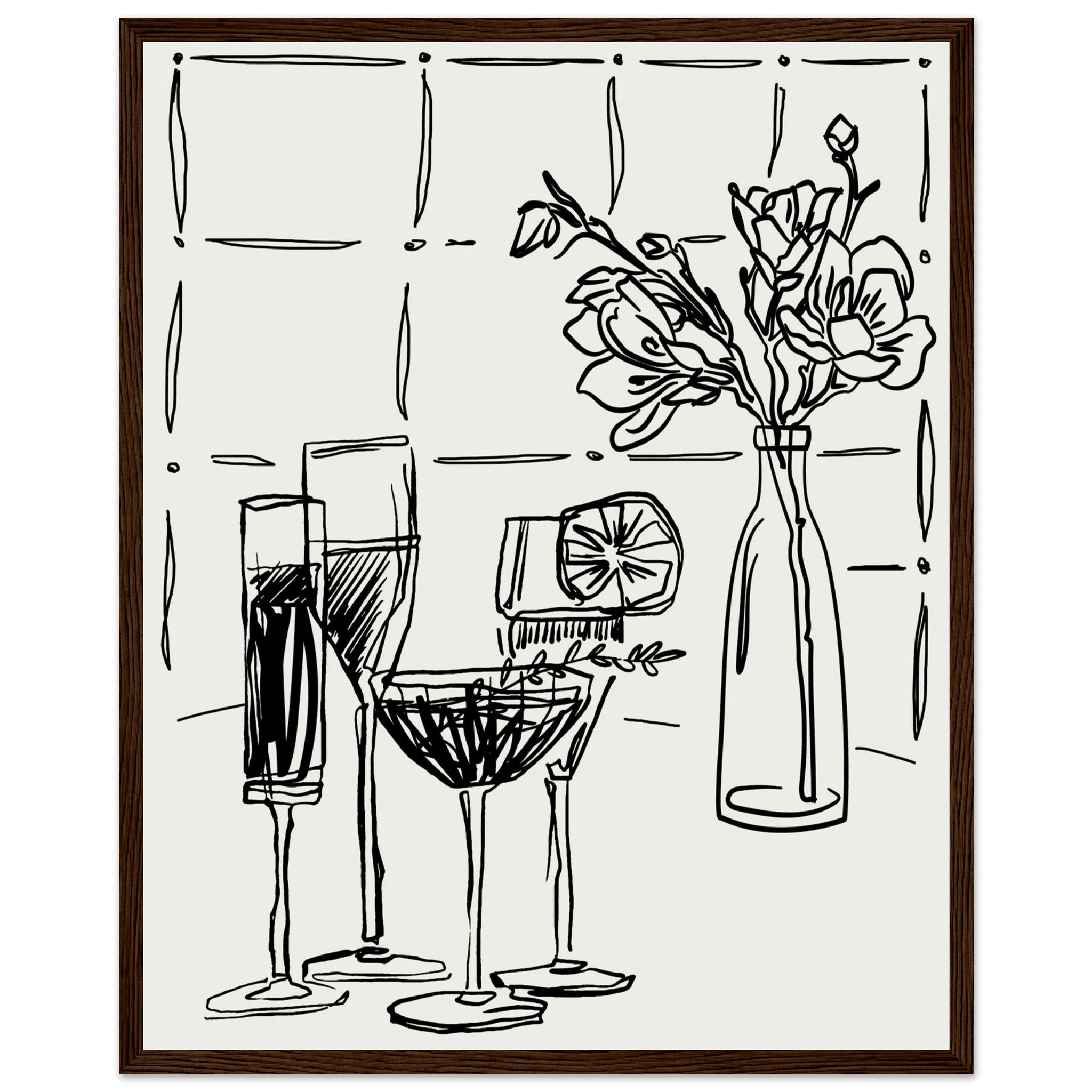 Cocktails & Flowers Print | Black Line Art Drinks Wall Art | Kitchen Bar Poster - Evergreen Posters