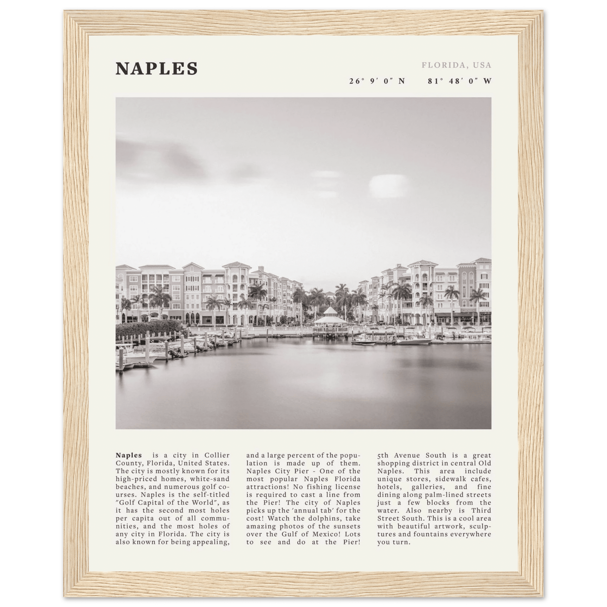 Naples Florida Poster | Black & White Gulf Coast Wall Art | FL Travel Print - Evergreen Posters