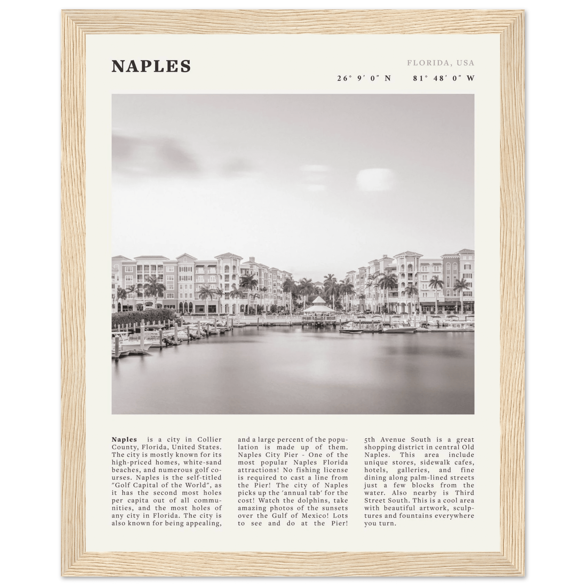 Naples Florida Poster | Black & White Gulf Coast Wall Art | FL Travel Print - Evergreen Posters