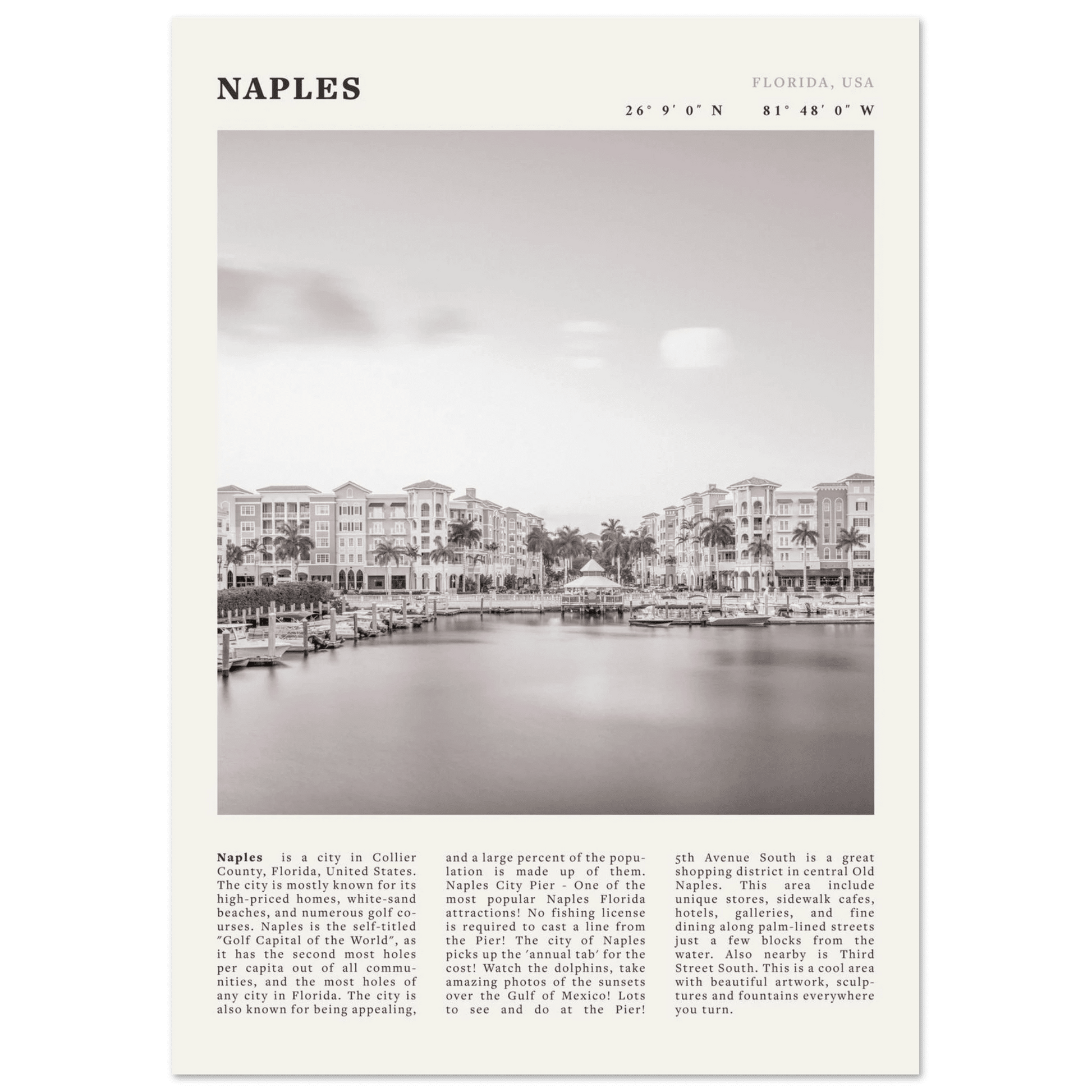Naples Florida Poster | Black & White Gulf Coast Wall Art | FL Travel Print - Evergreen Posters